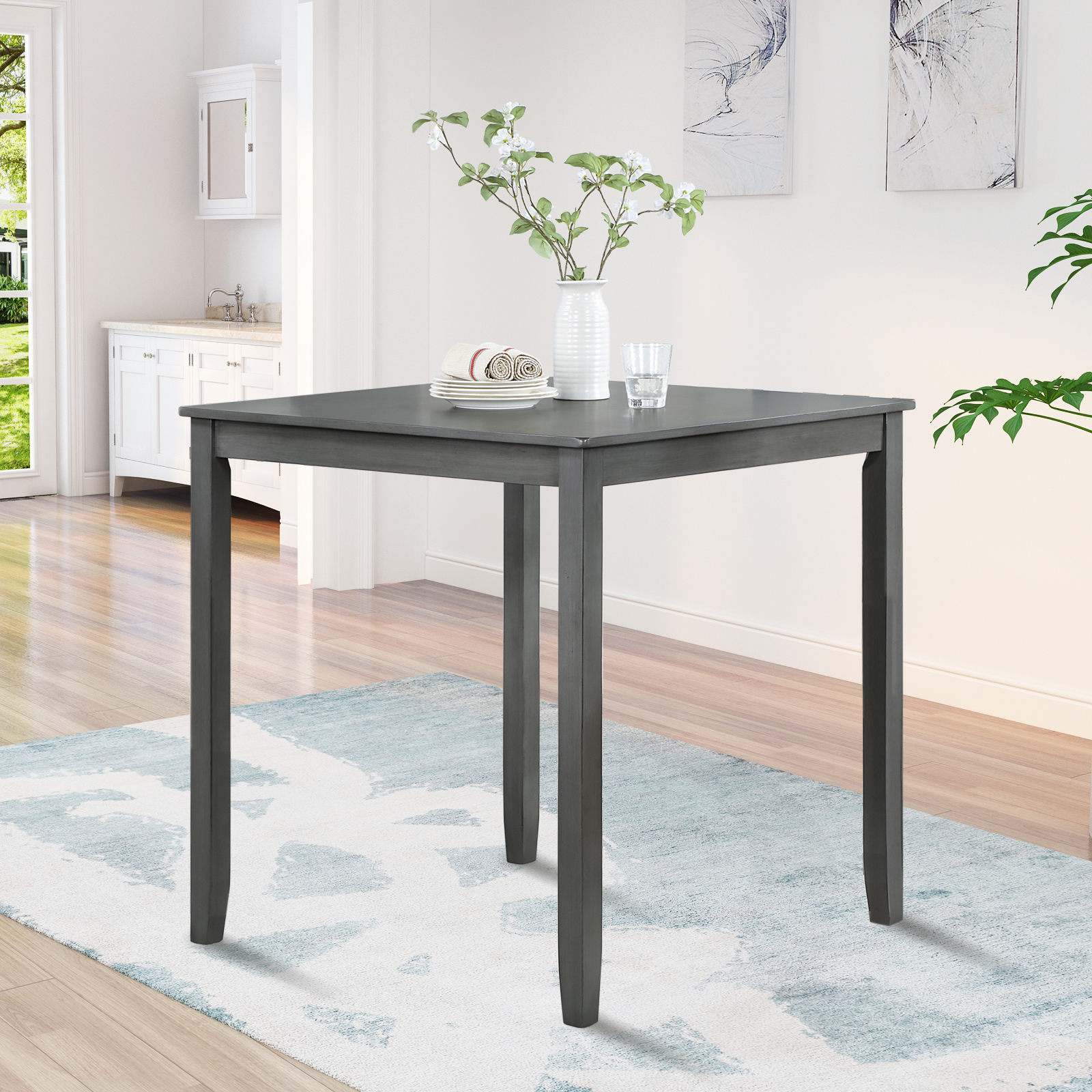 Mesa de comedor cuadrada de madera, altura de mostrador para 4 personas, gris