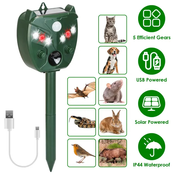 Ahuyentador solar ultrasónico de animales, impermeable, 5 modos, para jardín