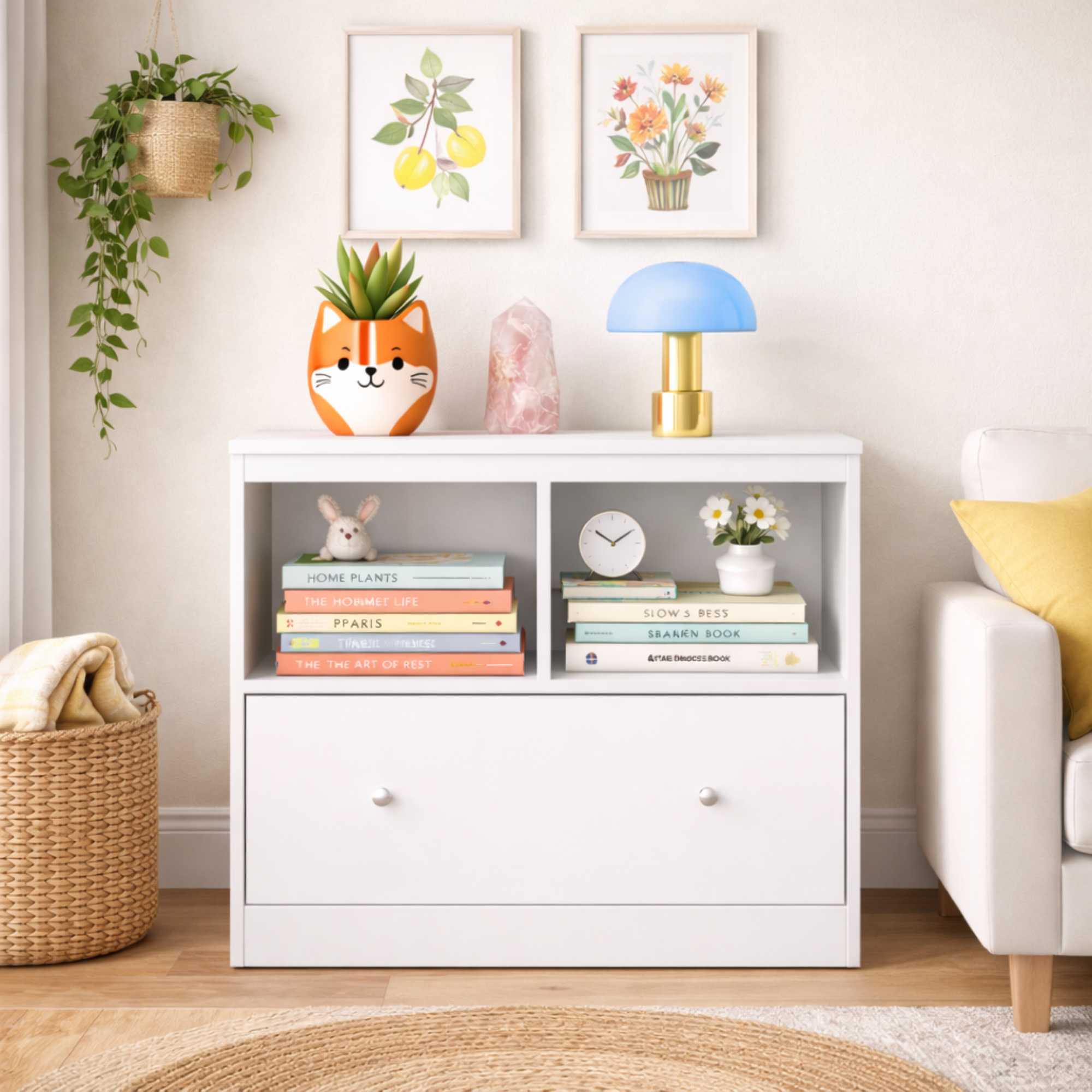 Organizador de juguetes de madera con cajón grande y estantería baja para niños, blanco