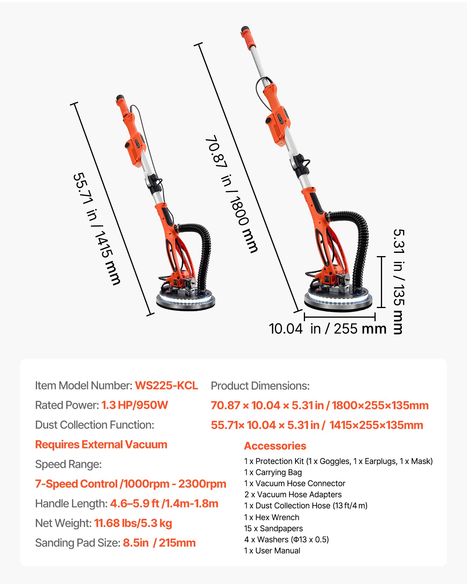 Lijadora eléctrica de paneles de yeso 950W, 7 velocidades, luz LED, mango extensible