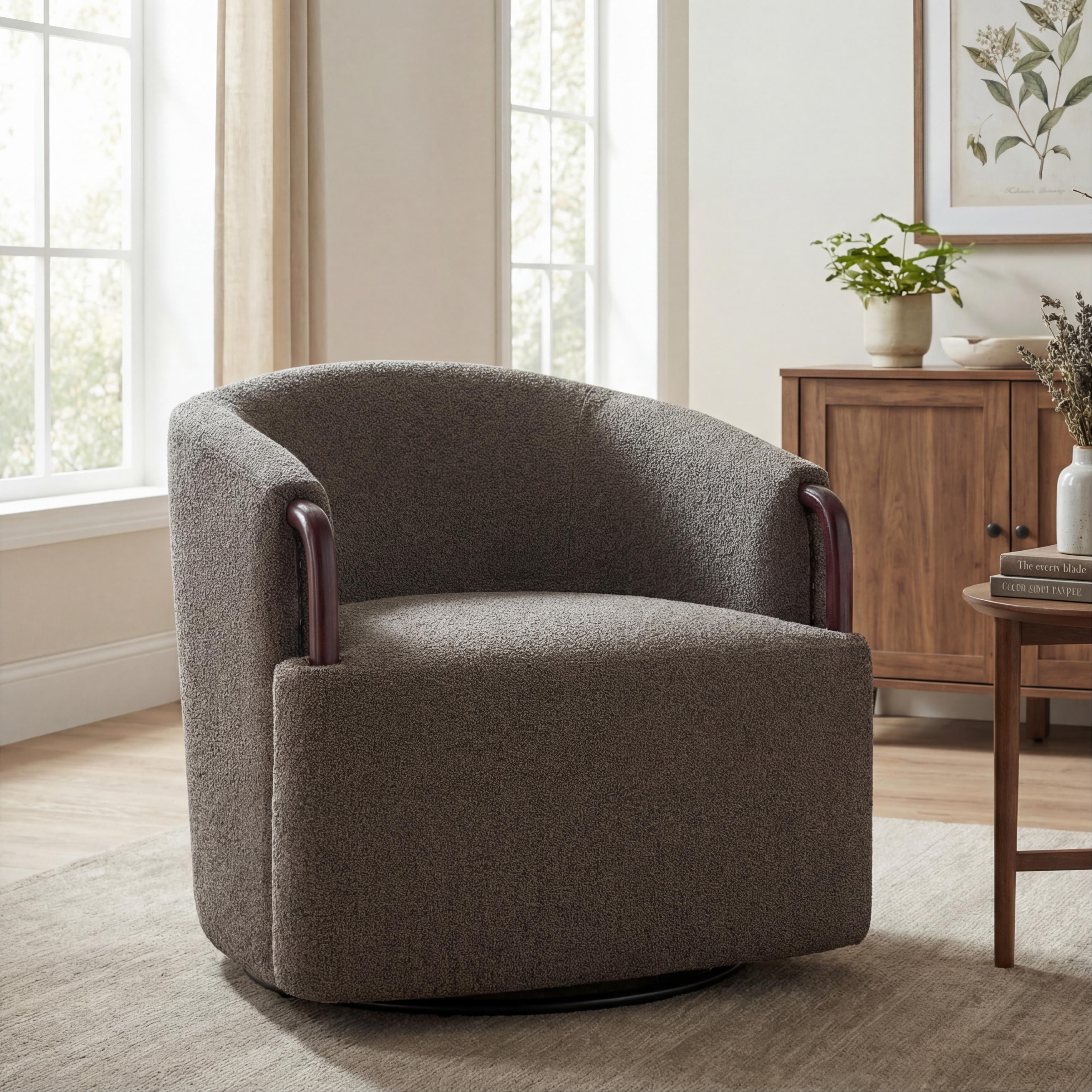 30  Modern Boucle Swivel Barrel Chair With Solid Wood Accents, Soft Durable Upholstery & 360 Swivel Base, Ideal For Living Room, Bedroom, Or Office