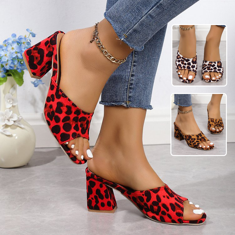 Sandalias de tacón grueso de leopardo con punta cuadrada para mujer