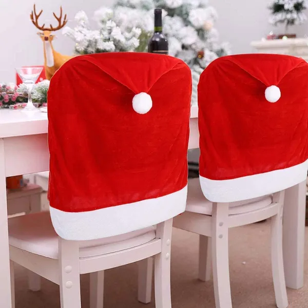 Fundas para sillas de comedor con respaldo de gorro rojo navideño