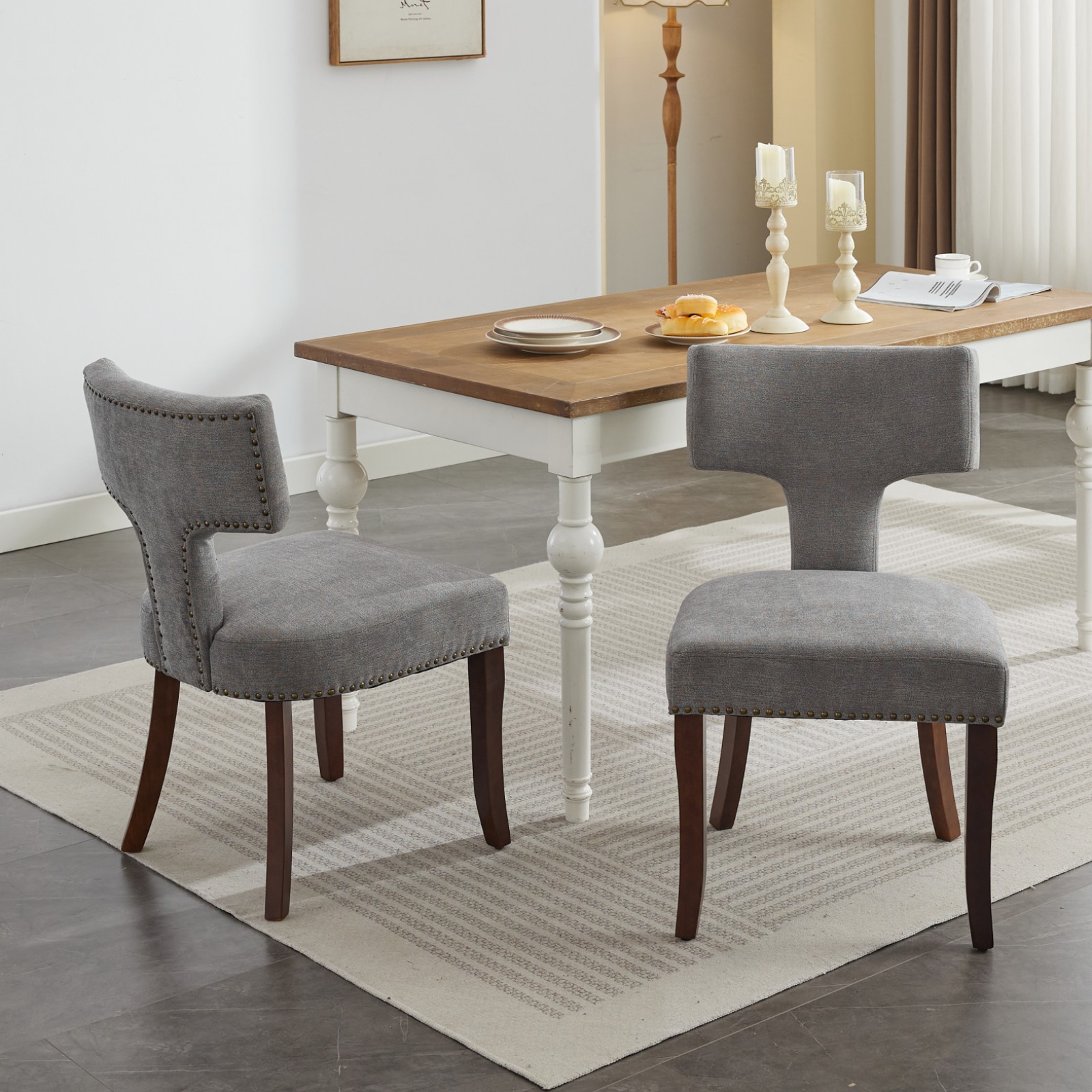 Sillas de Comedor (Set de 2), Tapizadas en Lino, Respaldo Curvo, Estilo Moderno, Gris