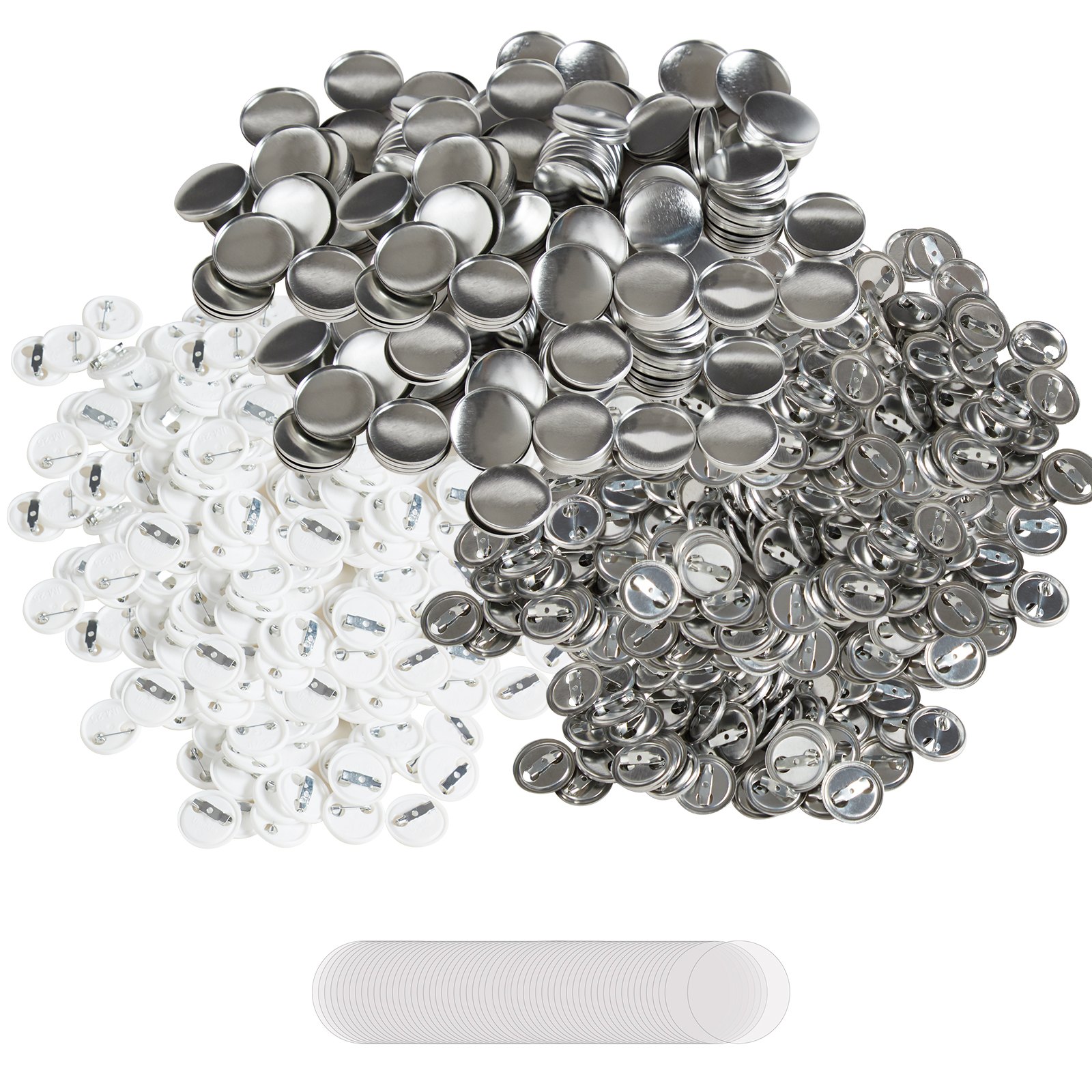 500 Sets 1 Inch 25mm Pin Back Button Parts, DIY Round Button Badge Parts, Set Includes Metal Top, Plastic/Metal Button, Clear Film, And Blank Paper For Gifts Presents, Machine NOT Included