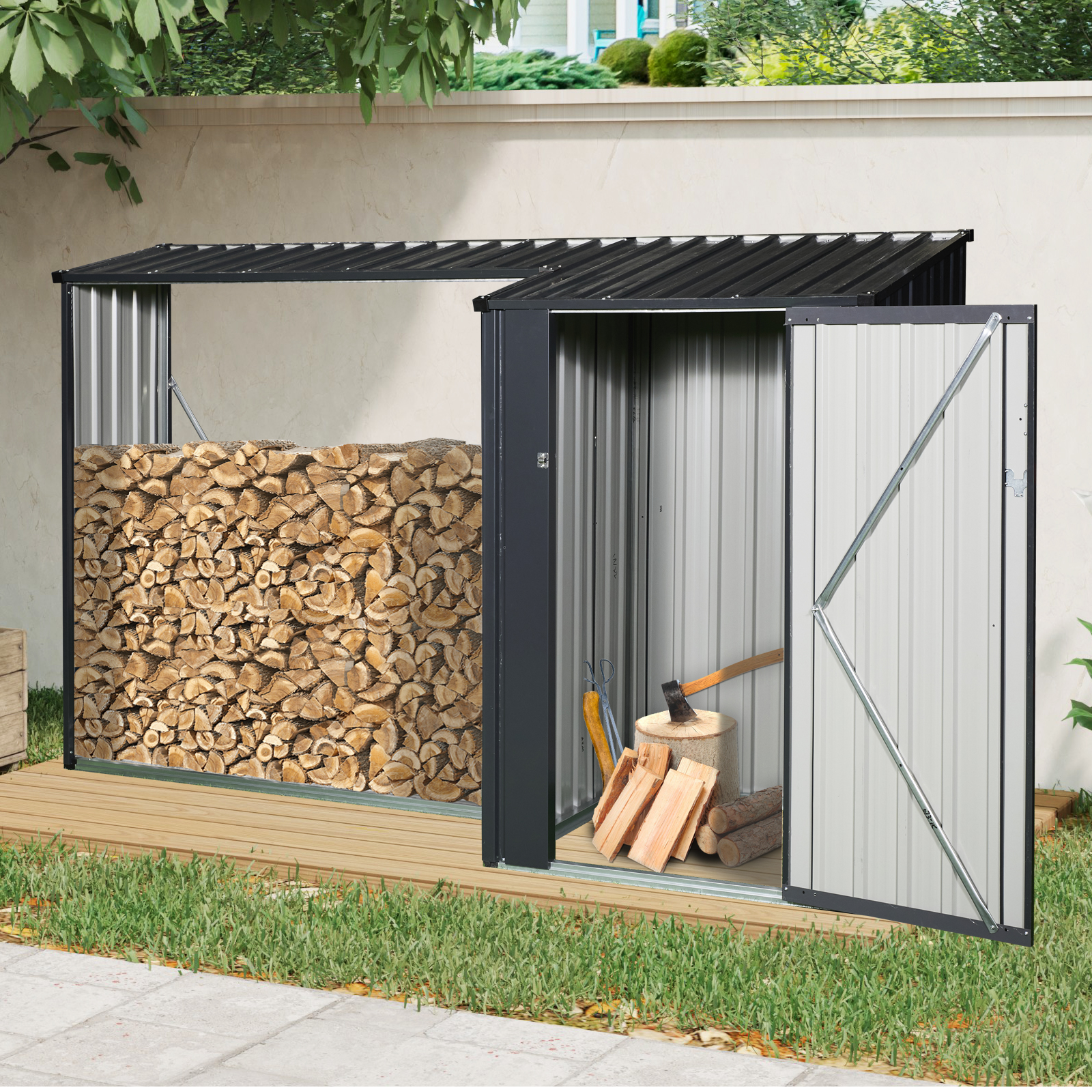 Estante para leña y cobertizo de almacenamiento de metal 2 en 1, exterior, negro