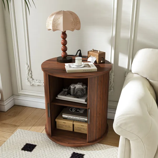 Mid Century Modern Cylinder End Table With Built-in Charging Station & Sliding Door, 2-Tier Storage Round Nightstand With USB Ports, Walnut Bedside Table For Living Room, Bedroom, Entryway