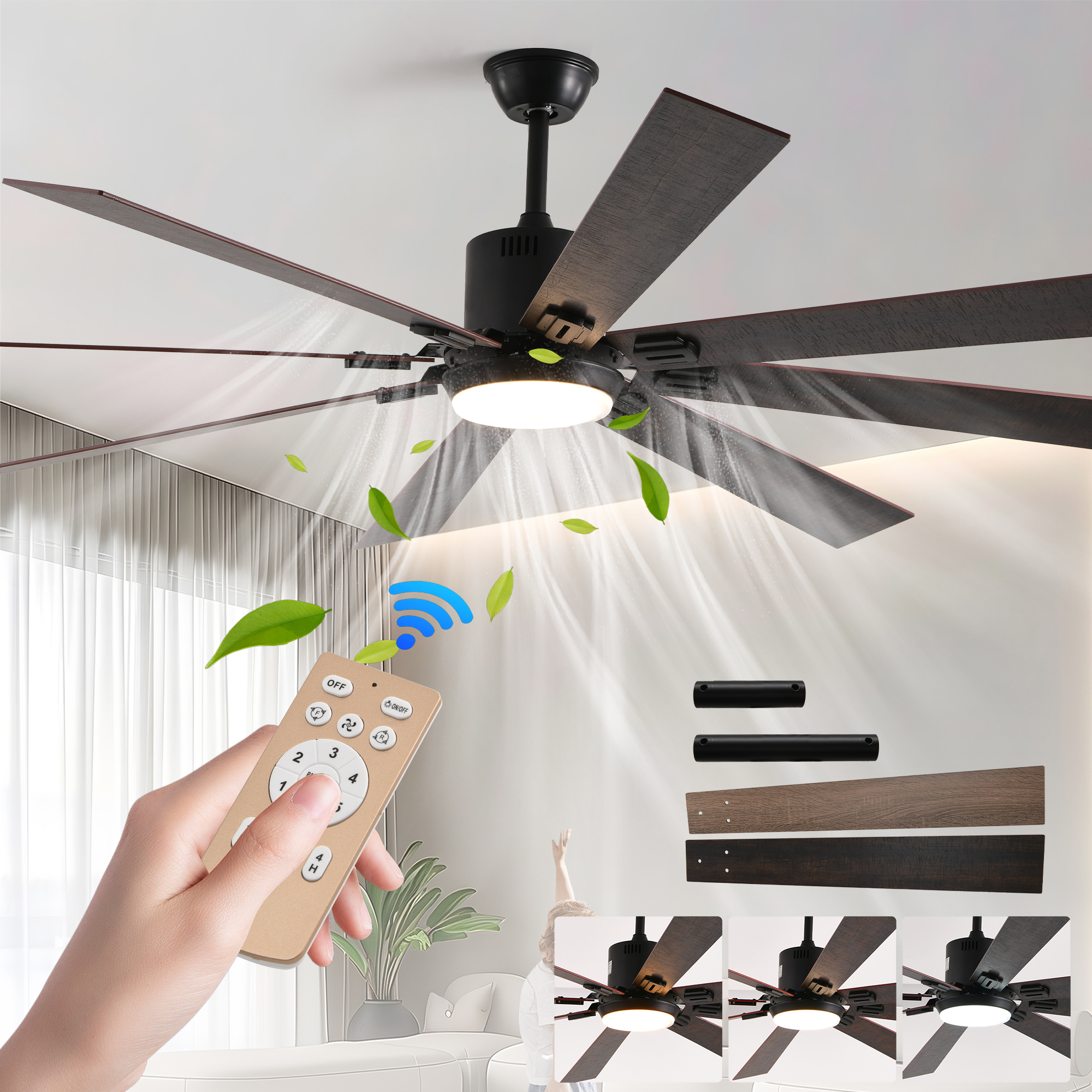Ventilador de techo LED de 72 pulgadas nogal, 8 aspas de madera, control remoto