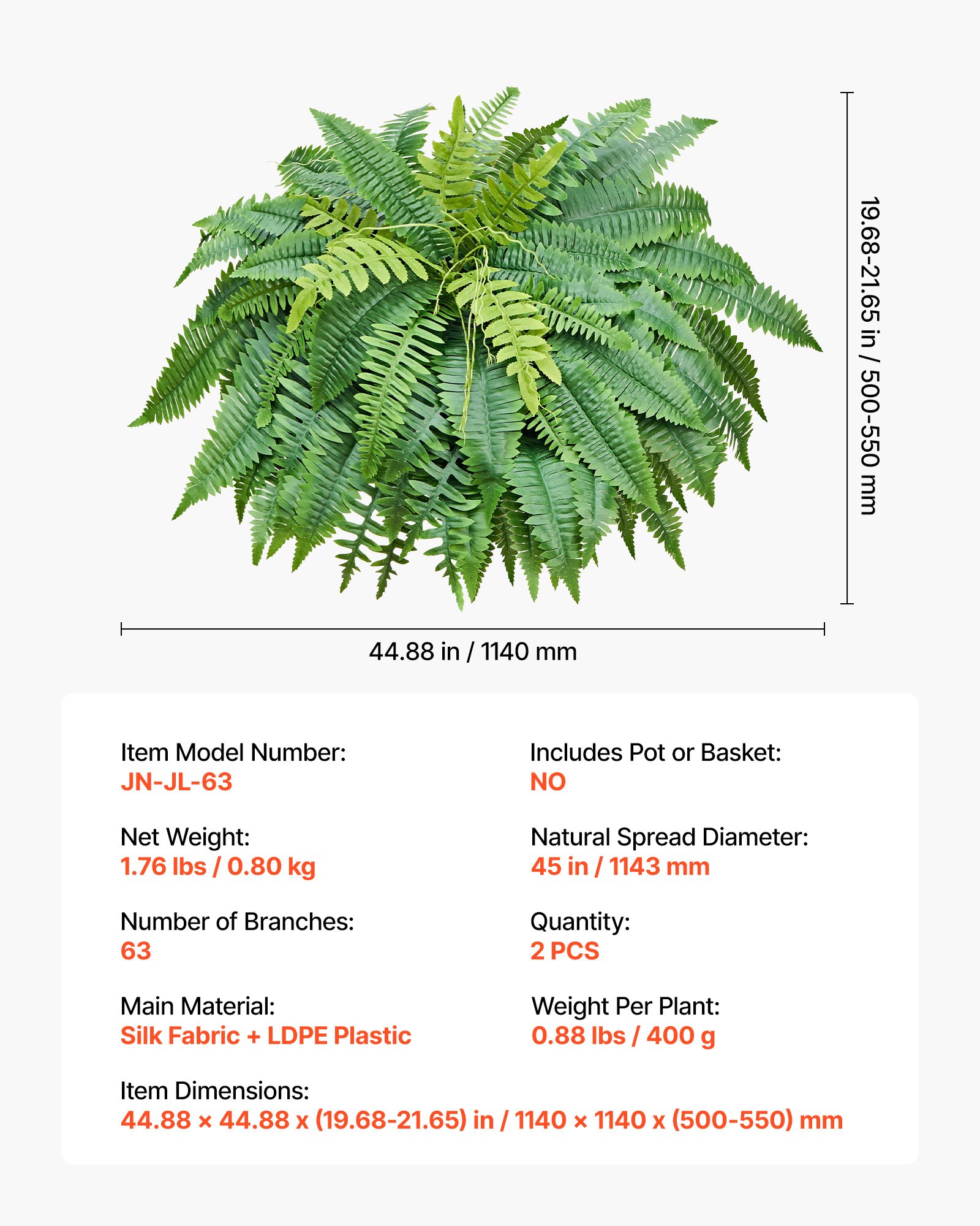 Helechos artificiales tipo Boston, 45 pulgadas, 63 frondas, para interior/exterior