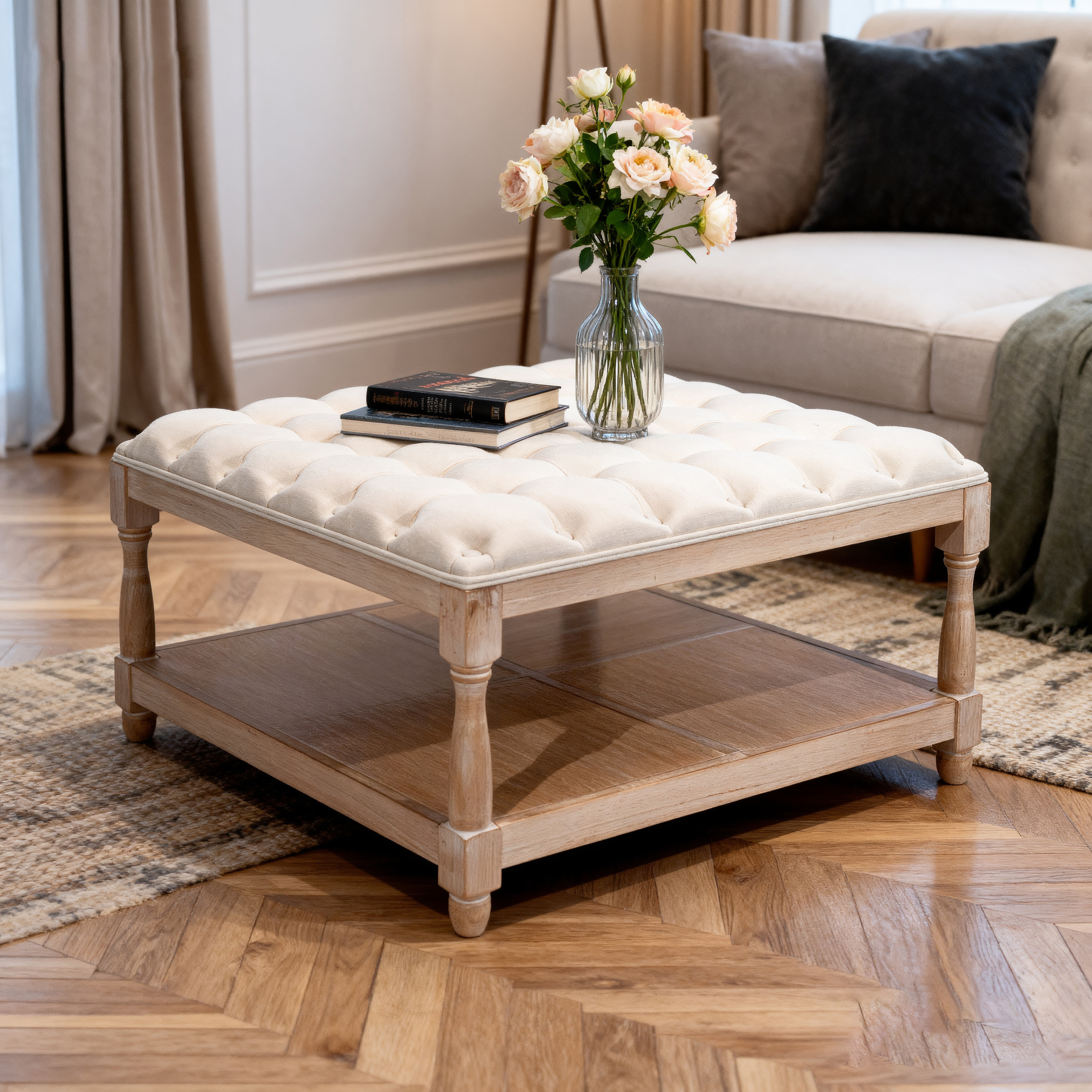 Otomana cuadrada de 33 pulgadas, tapizada en lino con estante de almacenamiento, beige