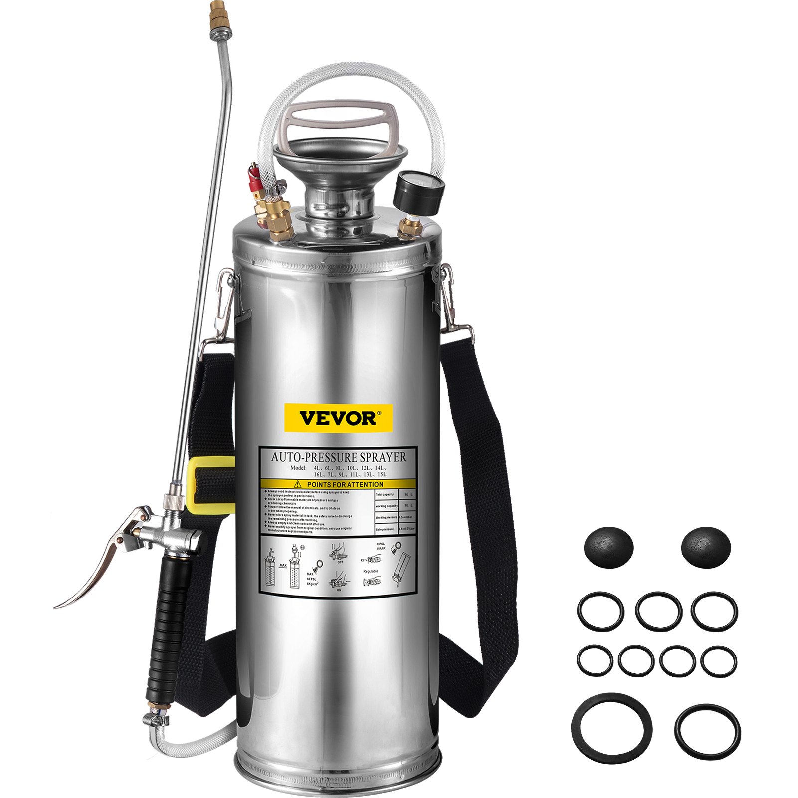 3Gal Stainless Steel Sprayer, Set With 20" Wand& Handle& 3FT Reinforced Hose, Hand Pump Sprayer With Pressure Gauge&Safety Valve, Adjustable Nozzle Suitable For Gardening And Sanitizing