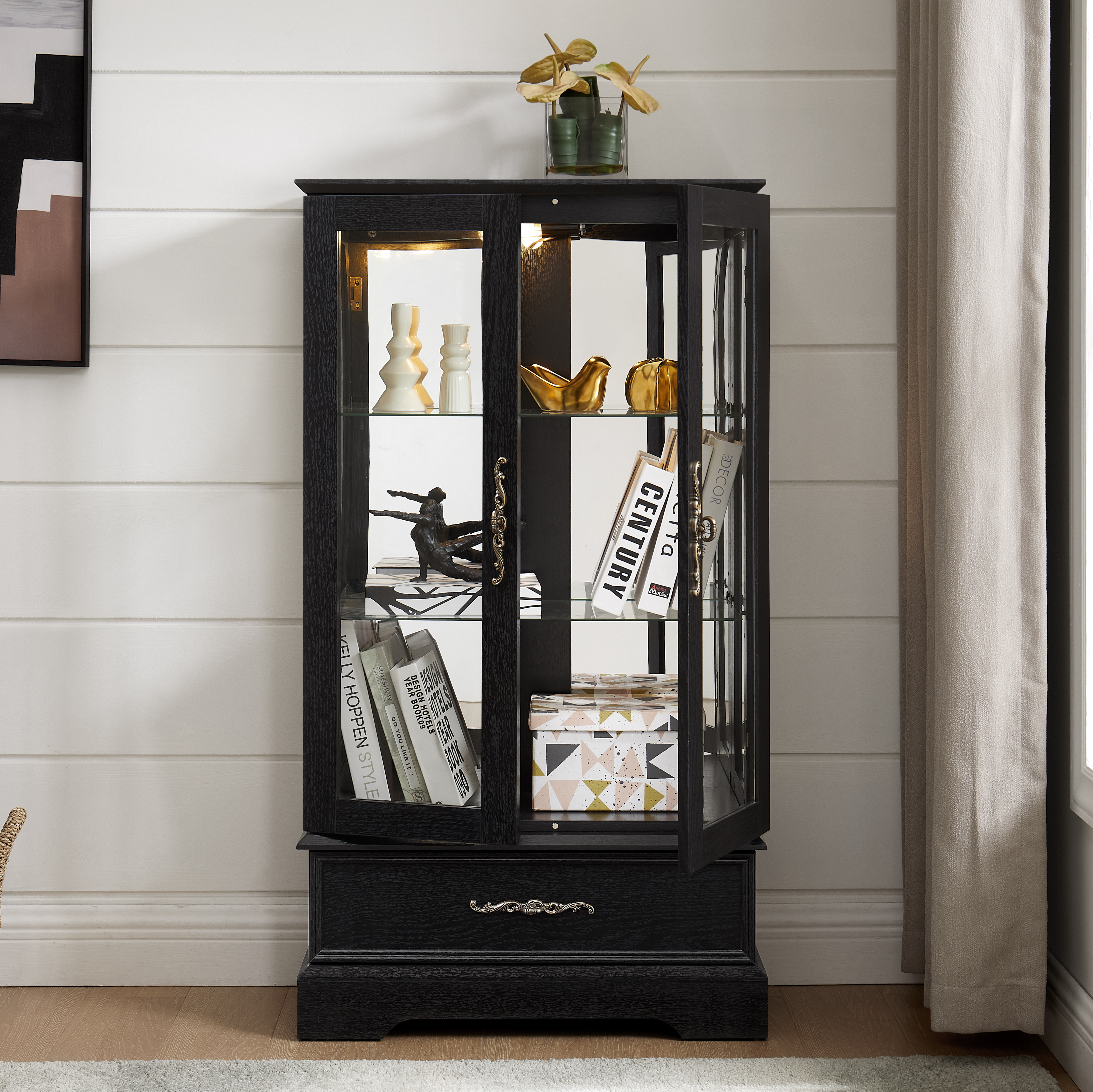 Lighted Glass Curio Cabinet With Adjustable Shelves - Elegant 2-Door Display Cabinet & Built-in Drawer, Includes Bulb - BLACK