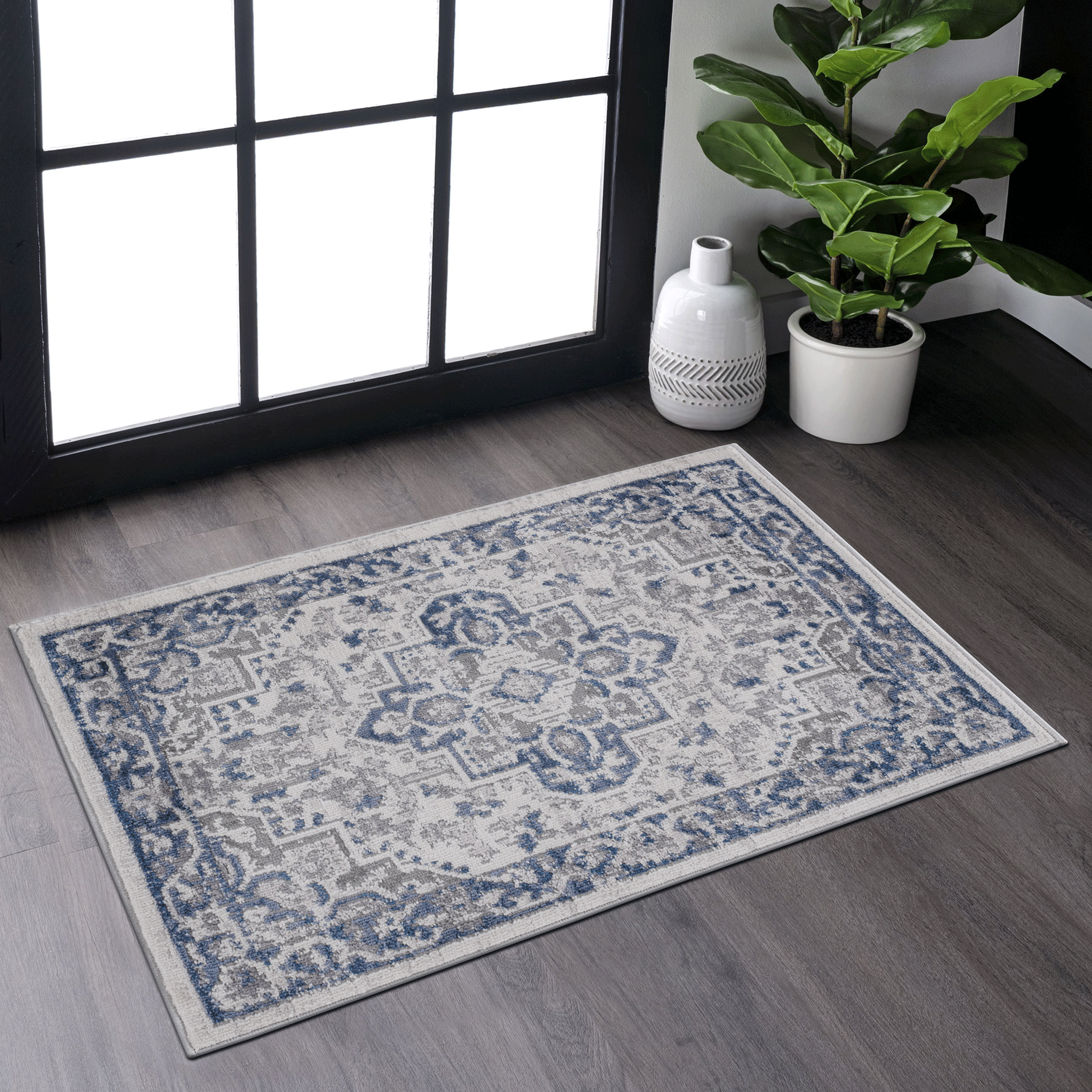 MARFI 2X3 Blue  Grey  Oriental Doormat Rug