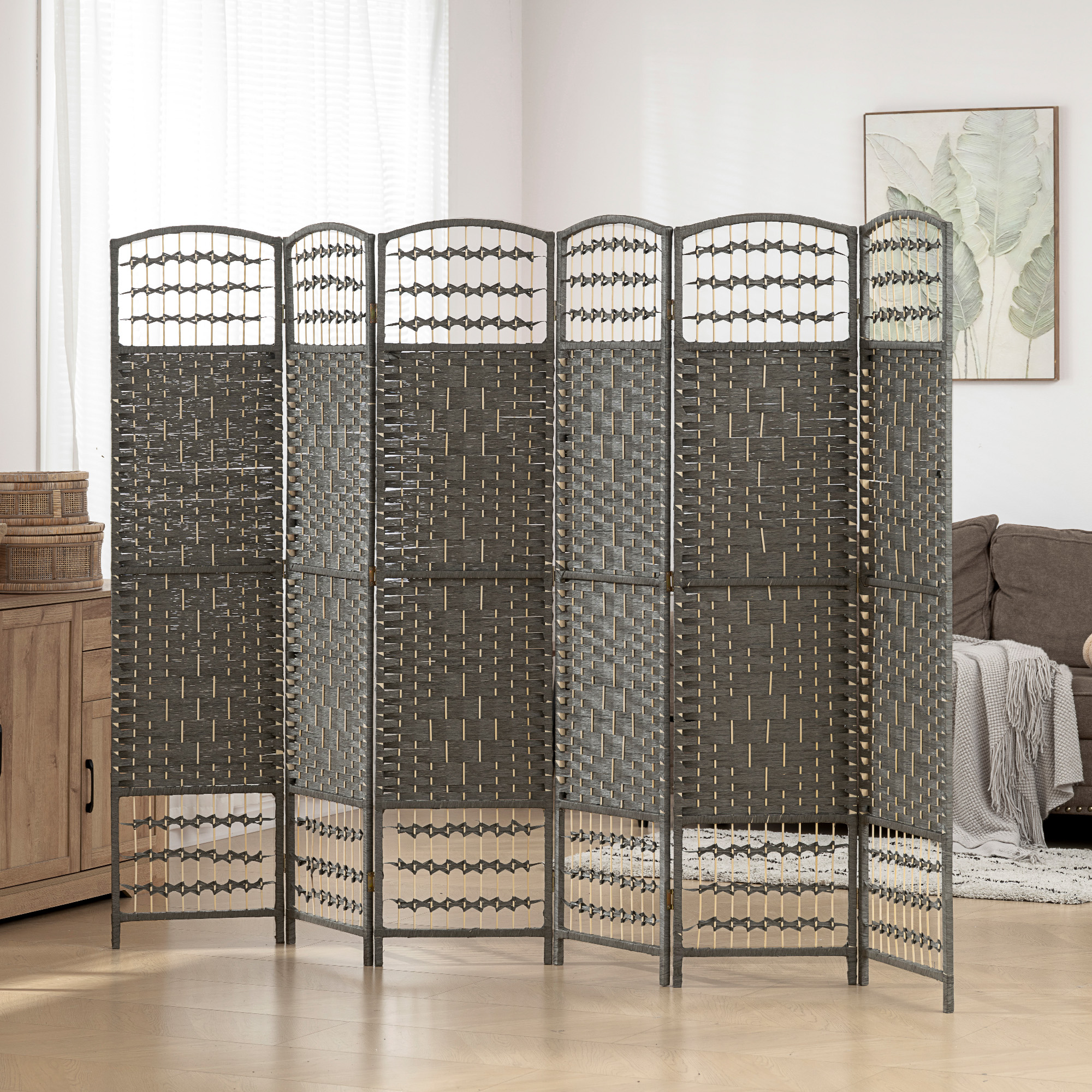 6 Panel Folding Room Divider Portable Privacy Screen Wave Fiber Room Partition for Home Office Dark Gray