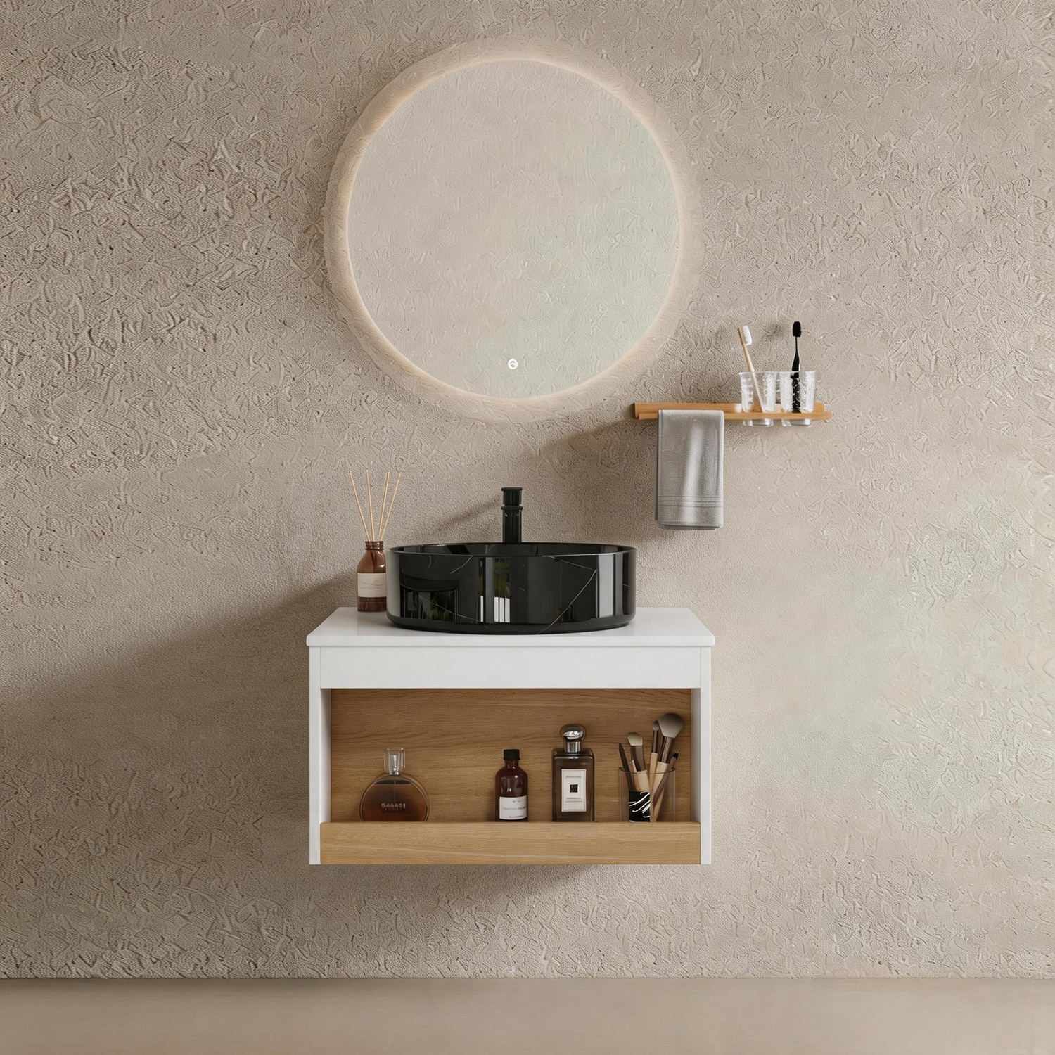 24" Floating Bathroom Vanity with Black Marble Vein Vessel Sink, Wall-Mounted Vanity with Open Shelf Storage, White Finish with Wood Accent, Space-Saving Modern Design (Ships in 2 Boxes)