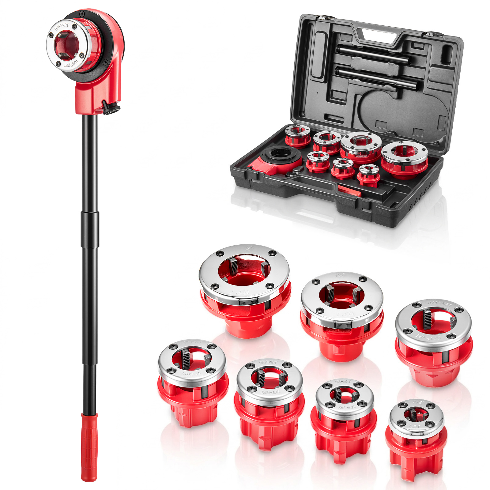 Kit de terraja de trinquete manual para tuberías, 7 dados, 3/8" NPT a 2" NPT.