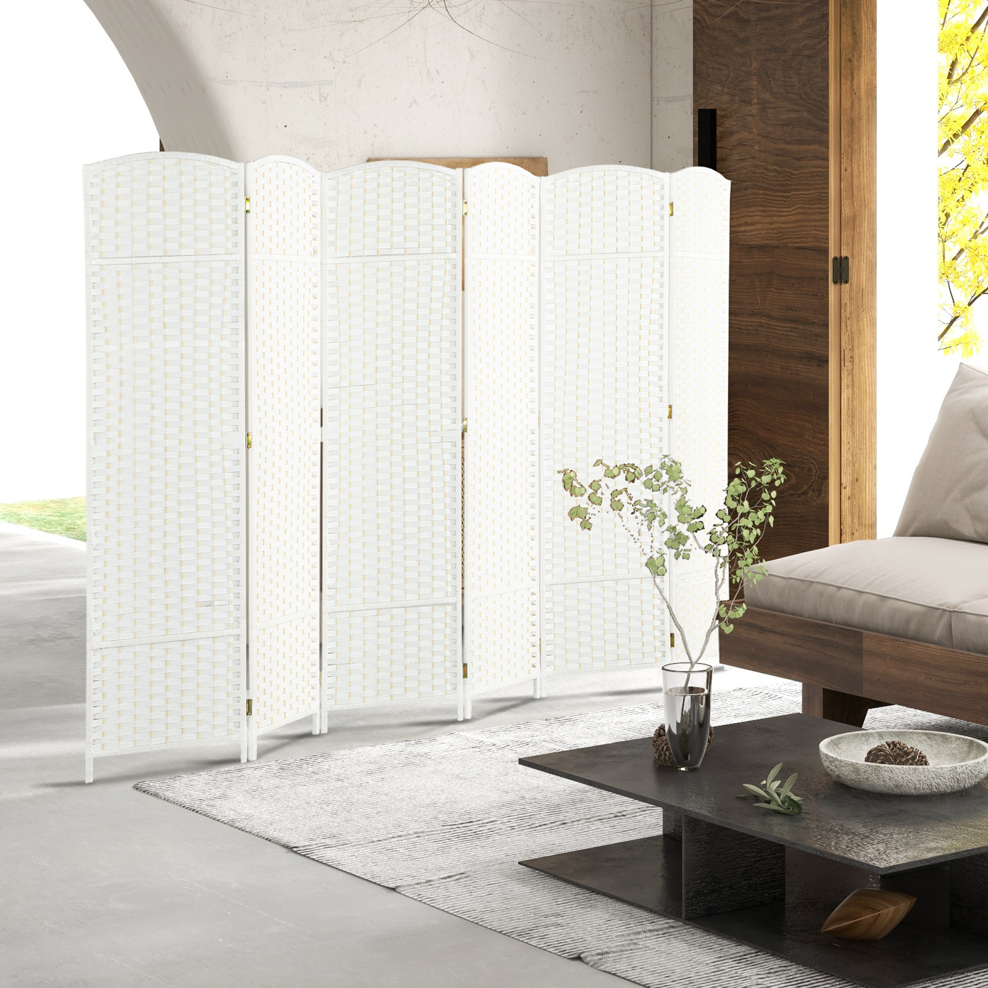 Biombo divisor de ambientes plegable, 6 paneles, 5.6 de alto, color blanco.