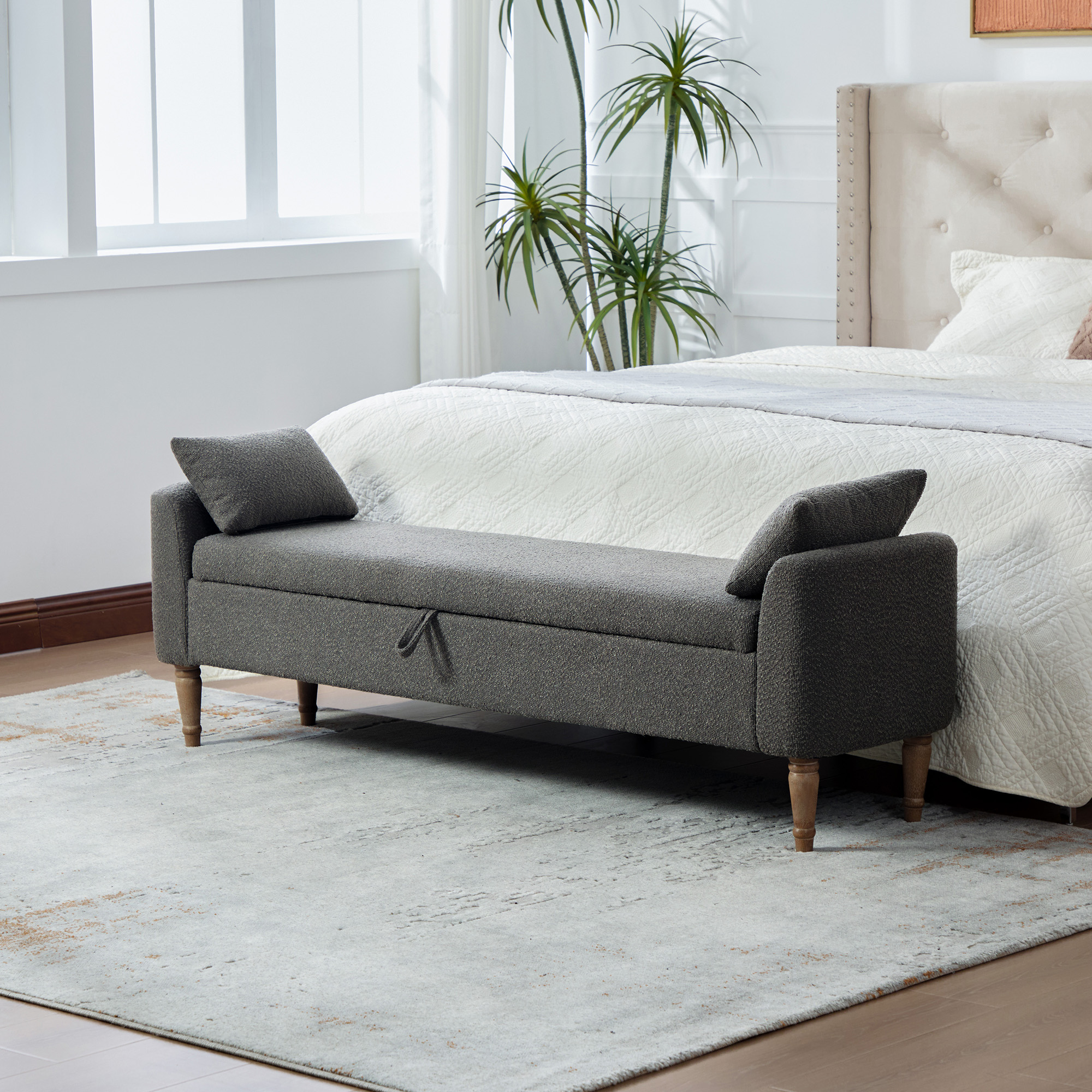 Banco tapizado moderno de 65.94 pulgadas con almacenamiento, reposabrazos y 2 almohadas carbón