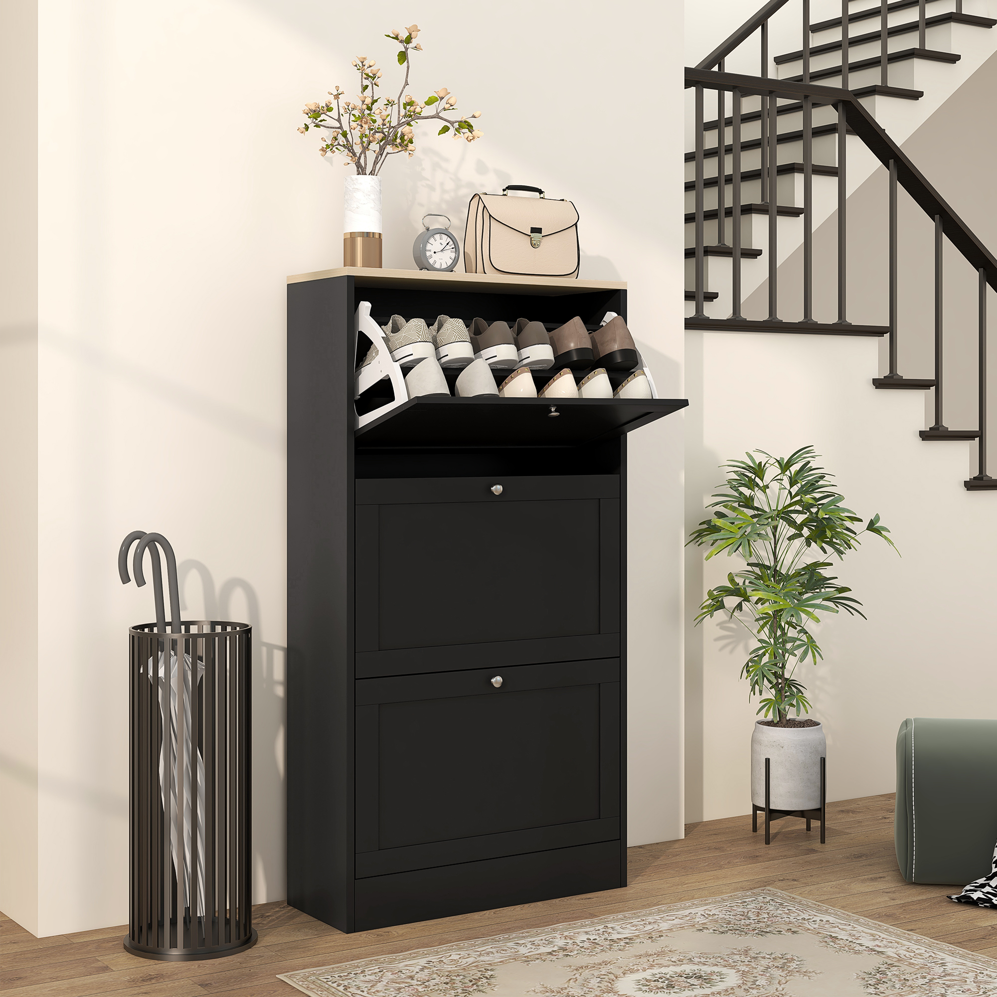 Modern Shoe Storage Cabinet with 3 Flip Drawers and Adjustable Shelves for 12-18 Pairs of Shoes, Black