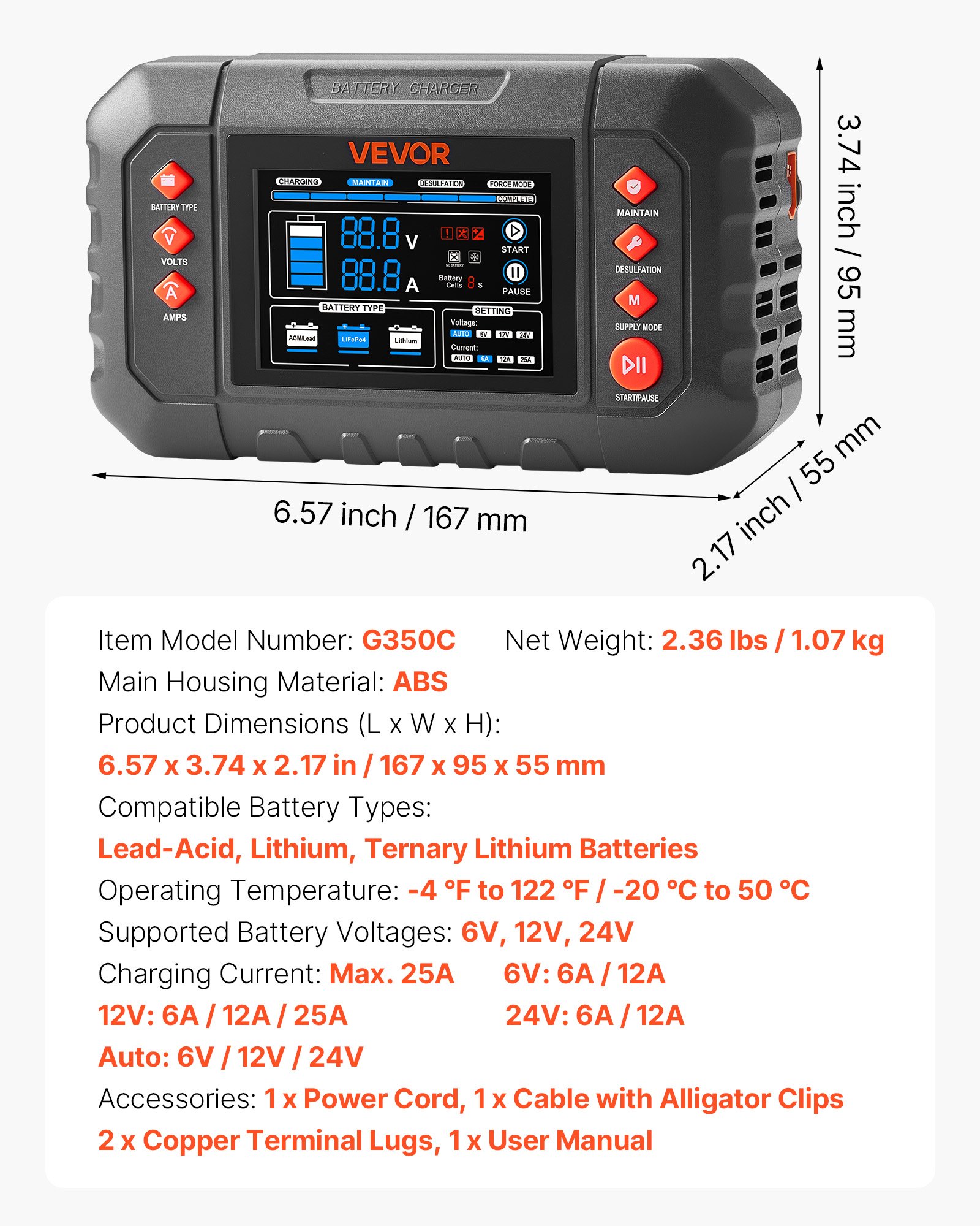 Cargador de batería inteligente 25A, 6V/12V/24V, con pantalla LCD de 3.4 pulgadas