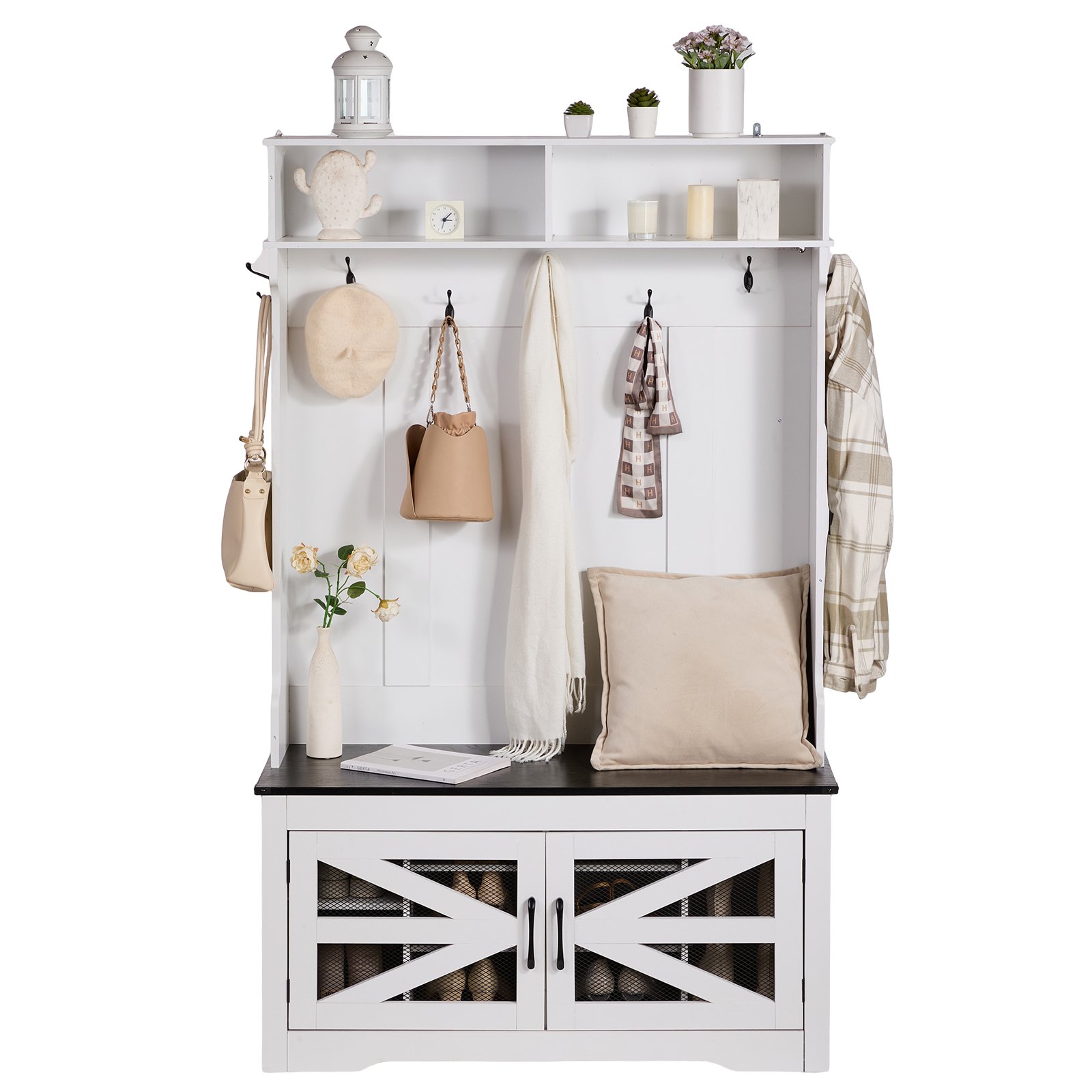 Hall Tree Entryway Bench, LED Coat Rack With Shoe Storage, 42" Wide Mudroom Bench With Storage And Seating, Adjustable Shelves And 7 Hanging Hooks, For Mudroom, Entryway, Hallway