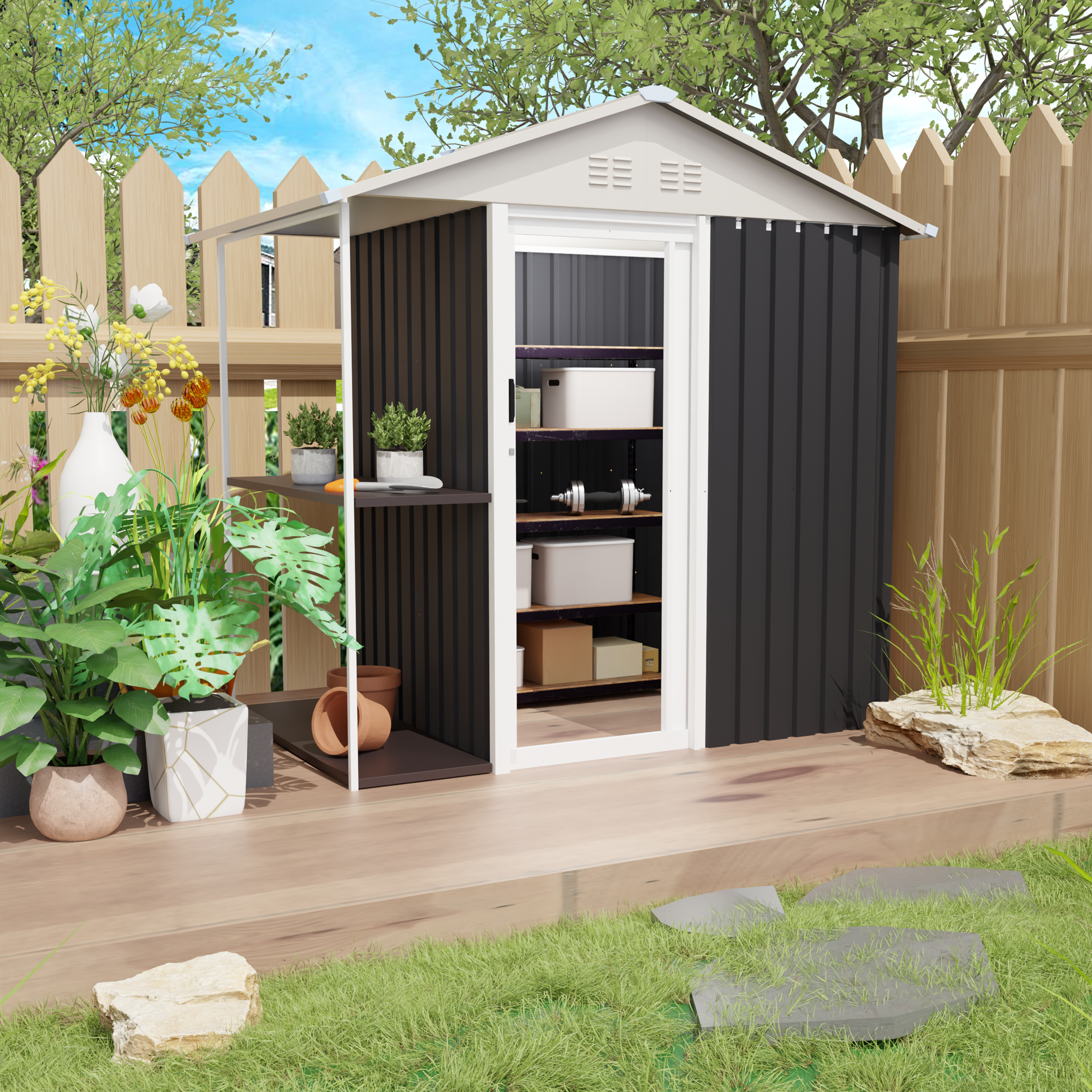 6 X 4 FT Outdoor Storage Shed With Rack Metal Garden Shed With Storage Shelves Bike Storage Tool Cabinet Box For Lawn Patio Use