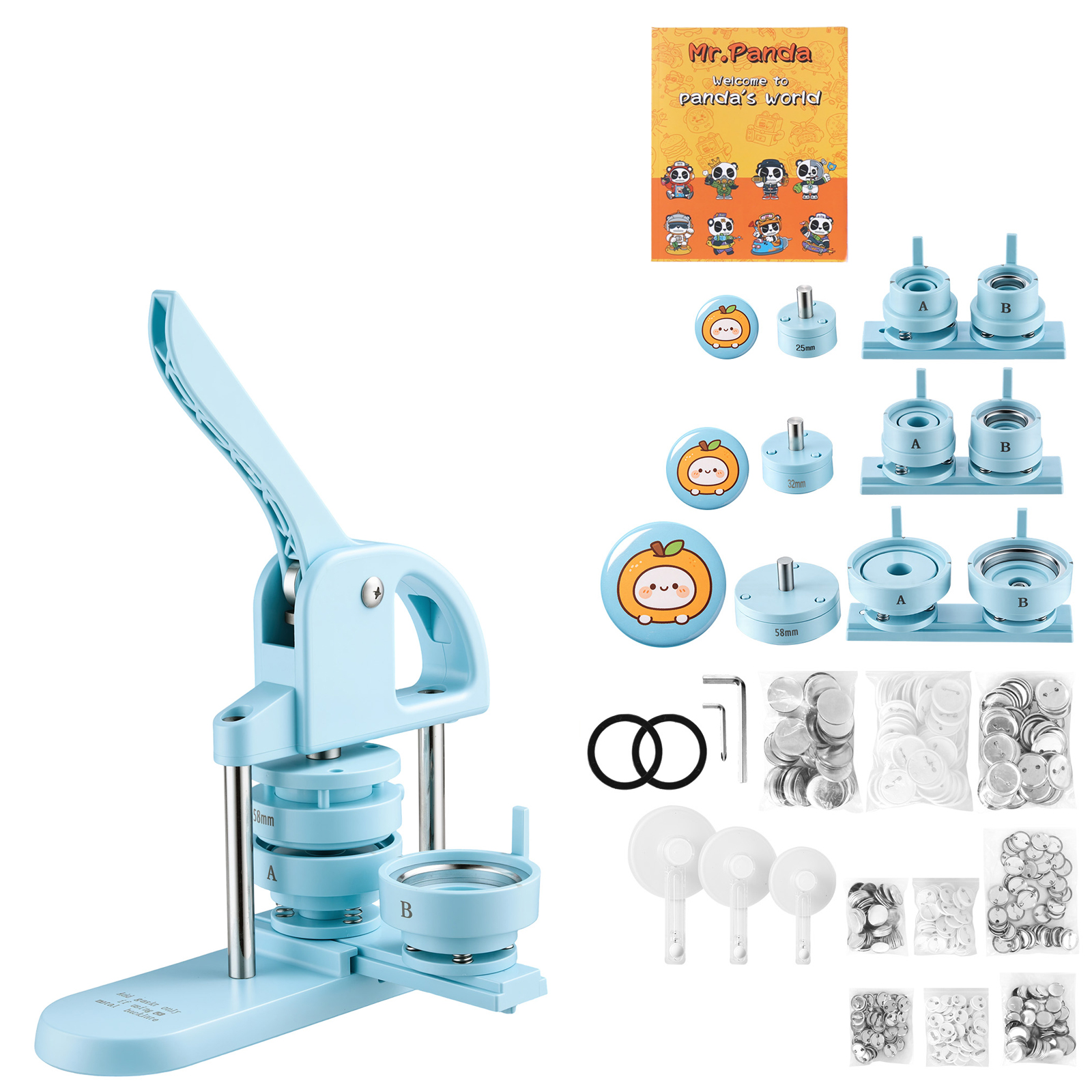 Button Maker Machine 1"/1.25"/2.25"(25/32/58 Mm) Pin Maker Blue, With 300pcs Button Parts, Circle Cutter And Magic Book, Ergonomic Handle, For DIY Badges, Pins, Fridge Magnets And Key Chains