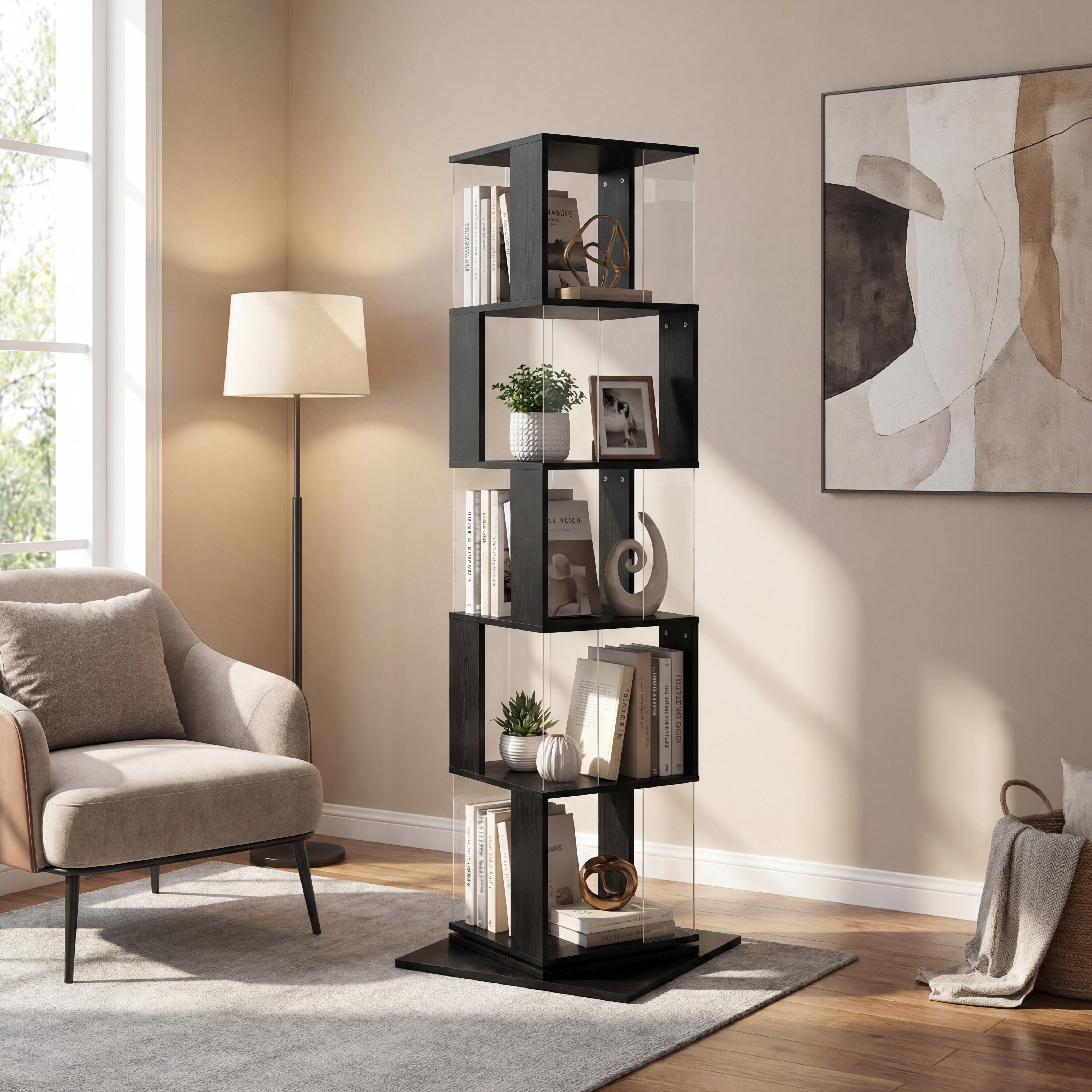 360 Rotating Bookshelf With Acrylic Plate, 5-Tier Tall, Floor Rack Simple Bookcase, Modern Display Shelf For Living Room Home Office Bedroom