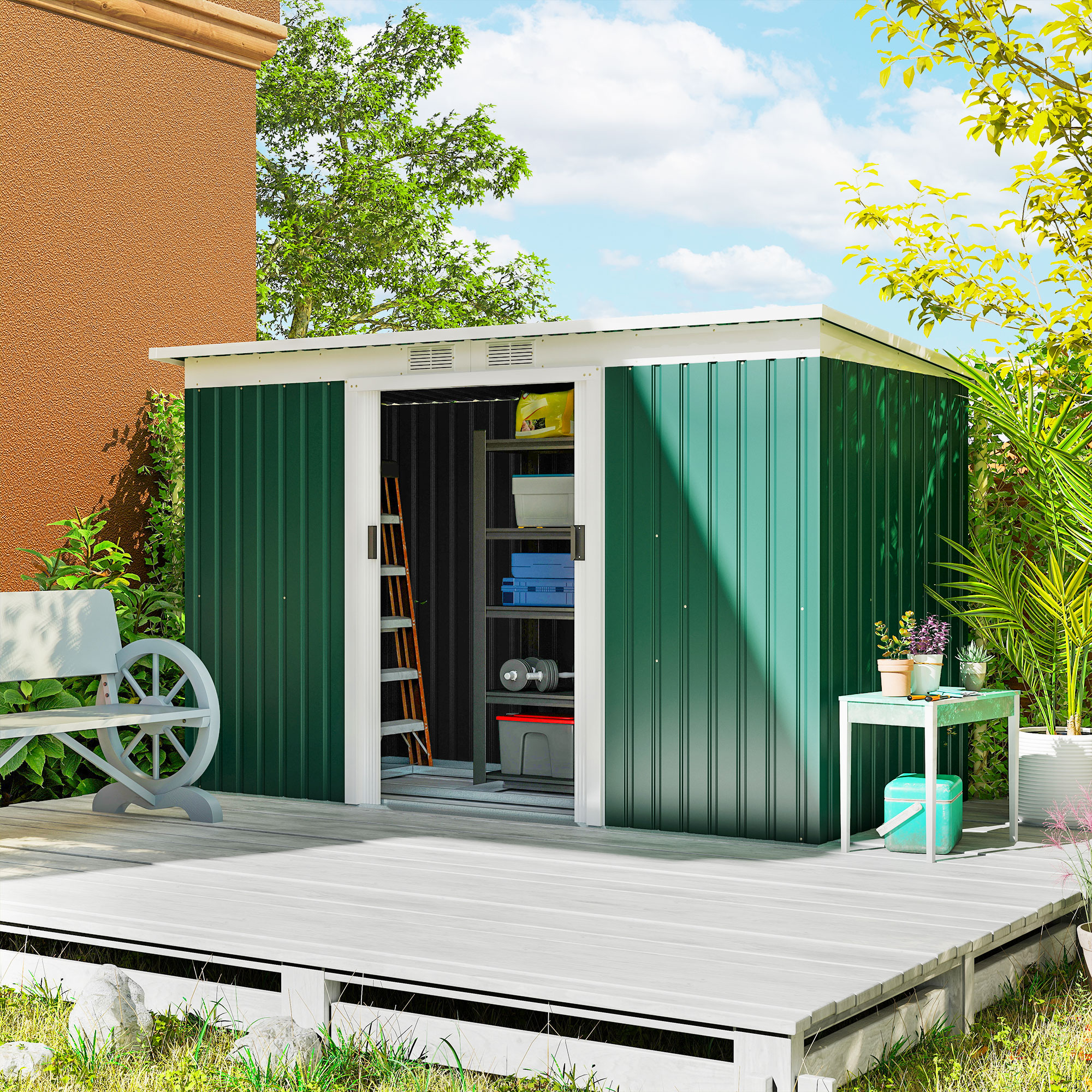 9 x 4 Metal Outdoor Storage Shed, Tool House with Double Lockable Doors for Backyard, Patio, Lawn, Garage, Dark Green