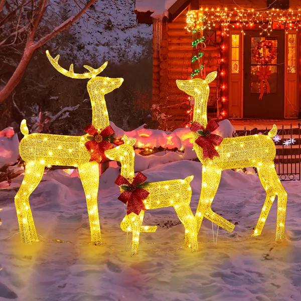 Set de 3 renos navideños iluminados para exterior, 200 luces LED blancas cálidas, dorados.