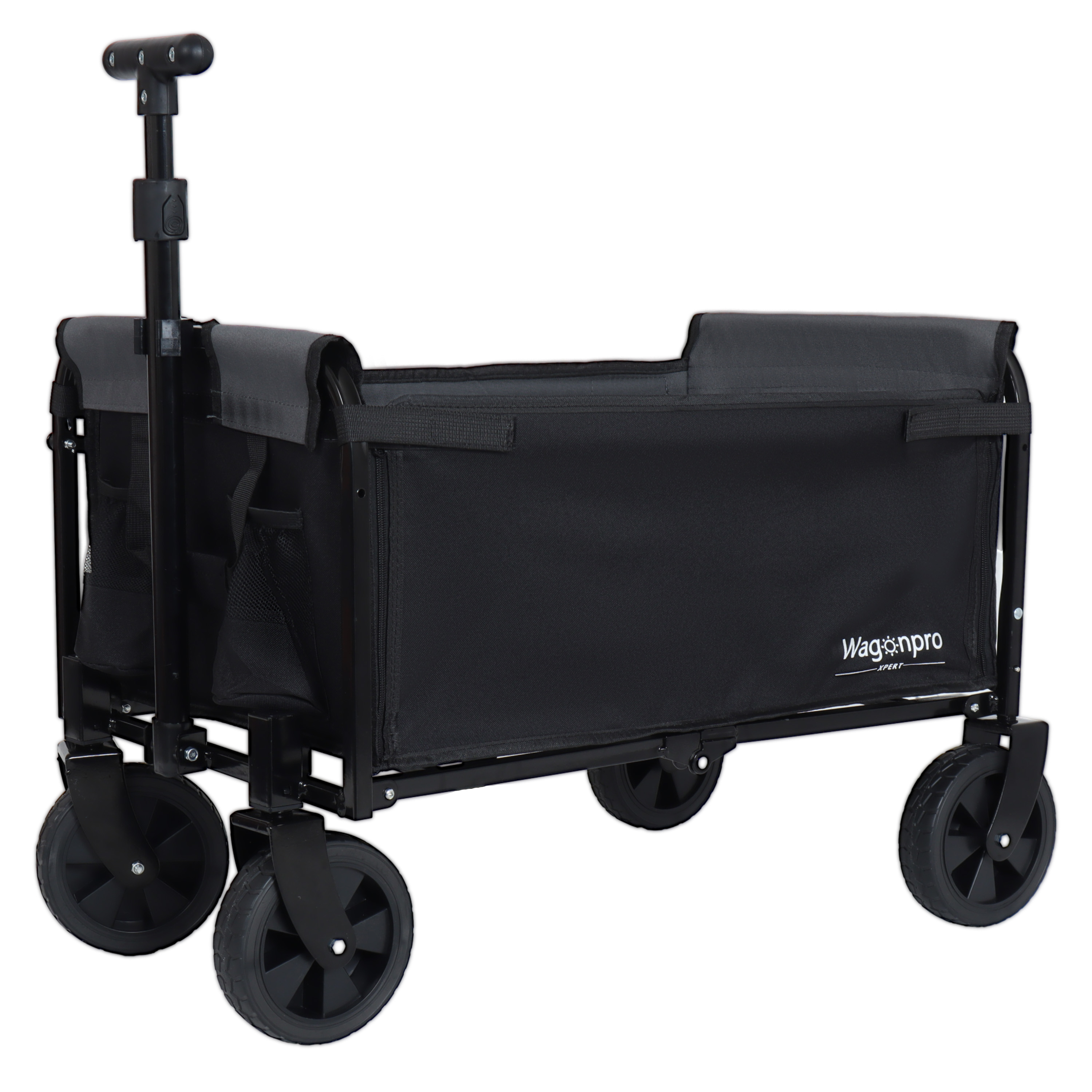 All- In- One Convertible Folding Camping Wagon Cart  Bench Seat  Storage Compartment & Included Dog Tether  Black Gray