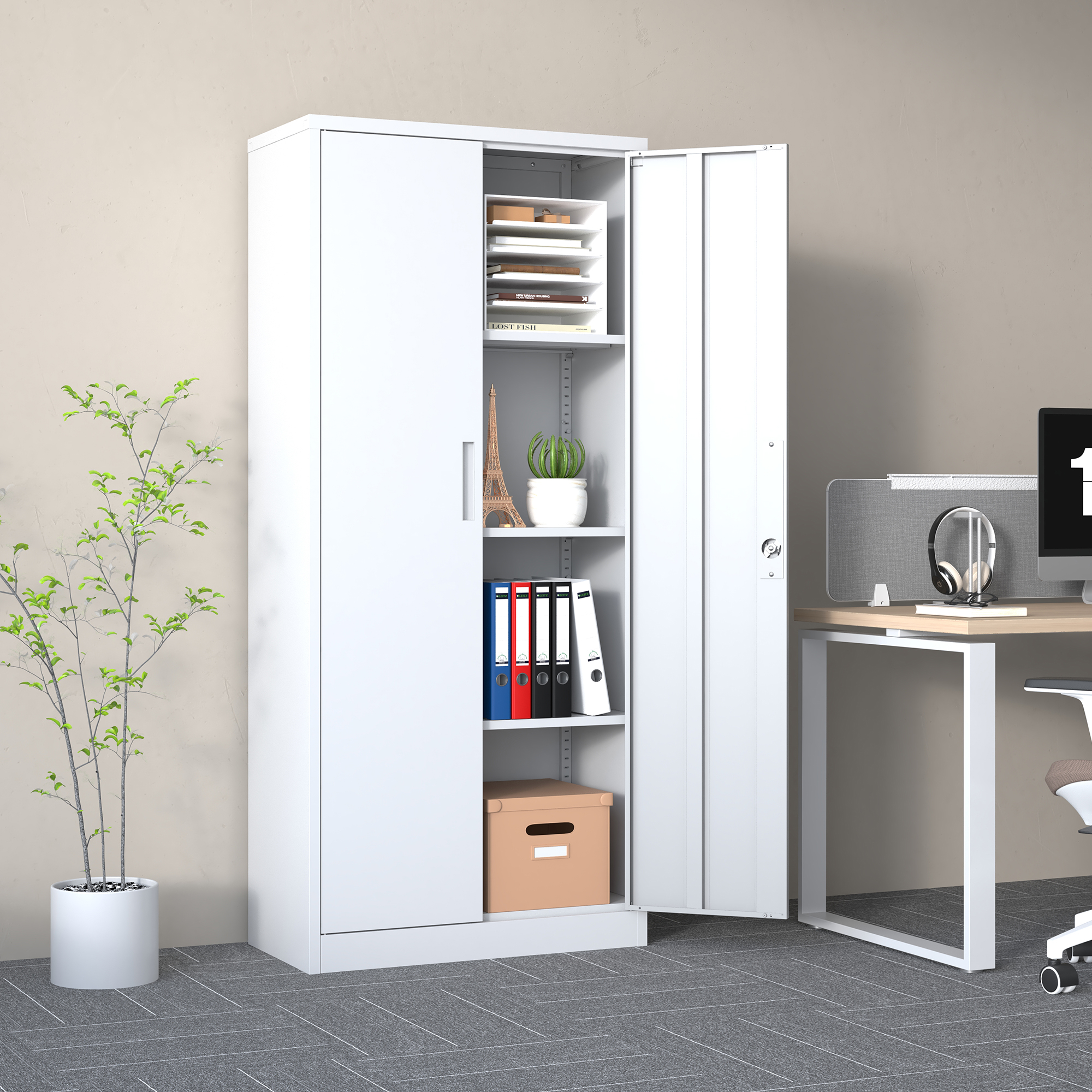 Gabinete de almacenamiento de metal de 71 pulgadas, con puertas, 3 estantes ajustables, blanco.