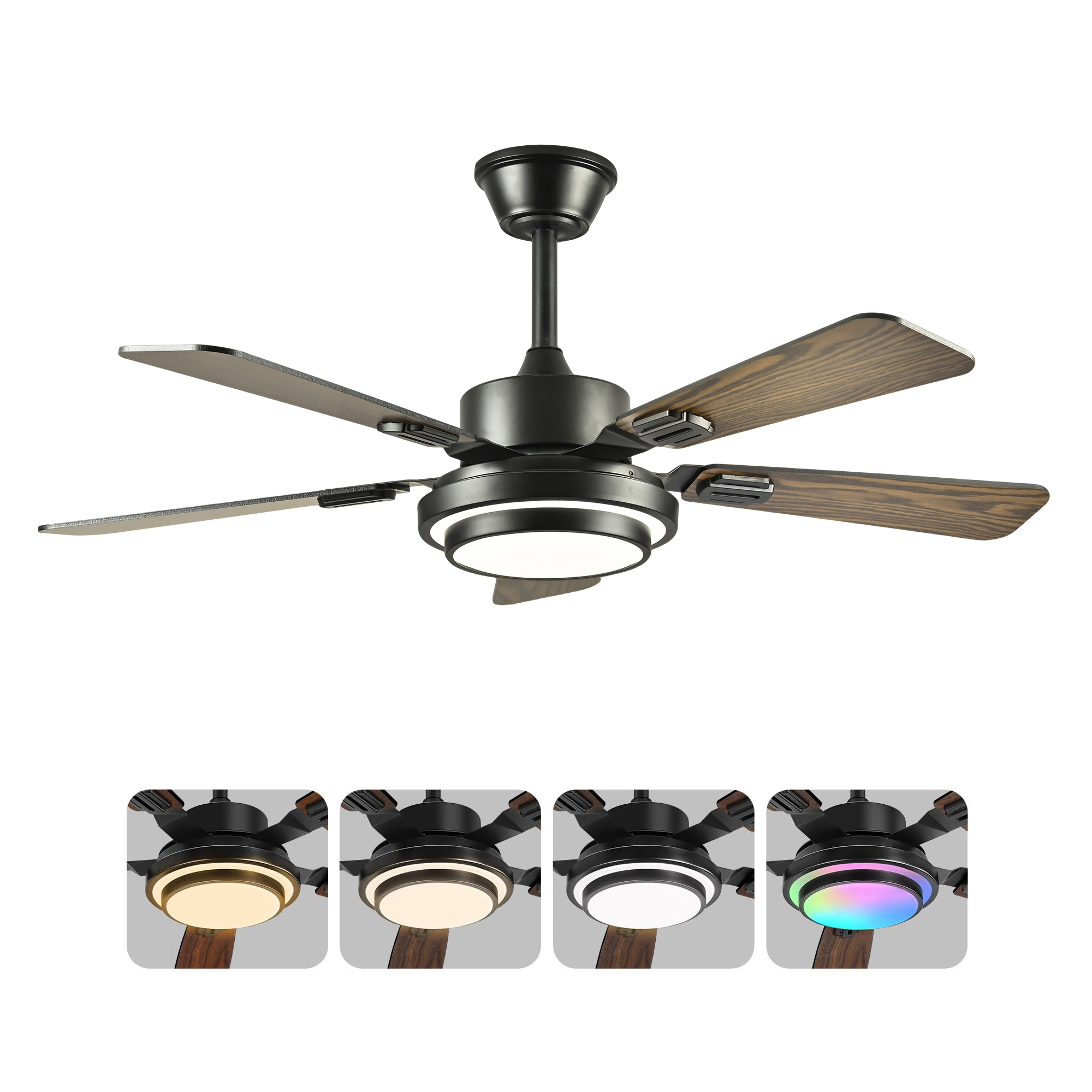 Ventilador de techo de 42 pulgadas con 5 aspas de madera, luz LED regulable, negro mate