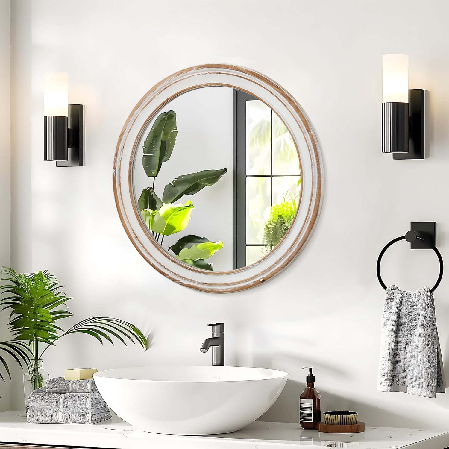 31.5 Inches Round Wall Mirror For Bathroom Vanity, Wooden Farmhouse Circle Mirrors For Bedroom, Entryway, Living Room, Kithen Whitewash Edge Decorative Mirror For Home, Office