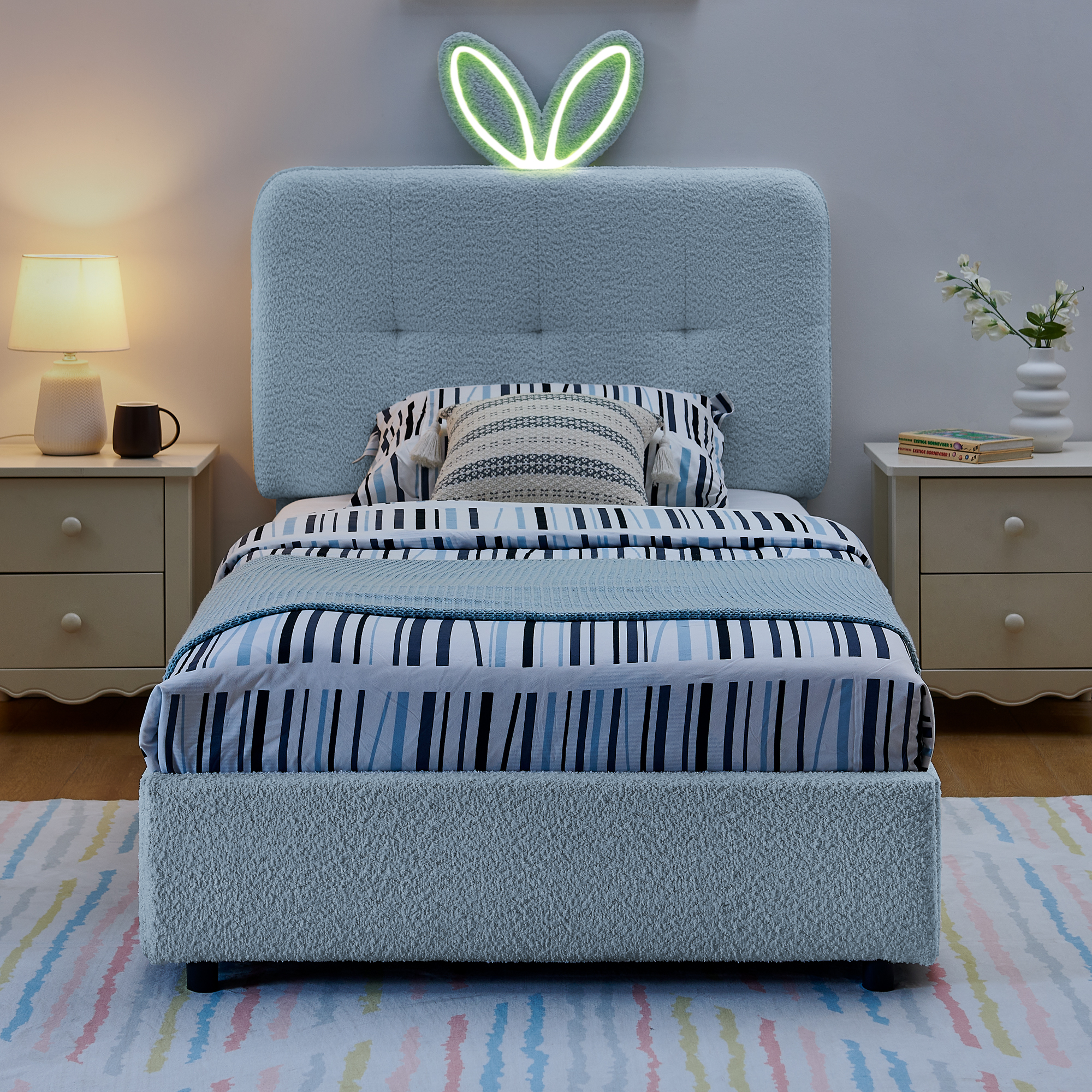 Twin Size Kids Upholstered Bed With Oversized Rabbit Ear Headboard, LED Light & 4 Storage Drawers, Boucle Fabric 79.5X40.75X41