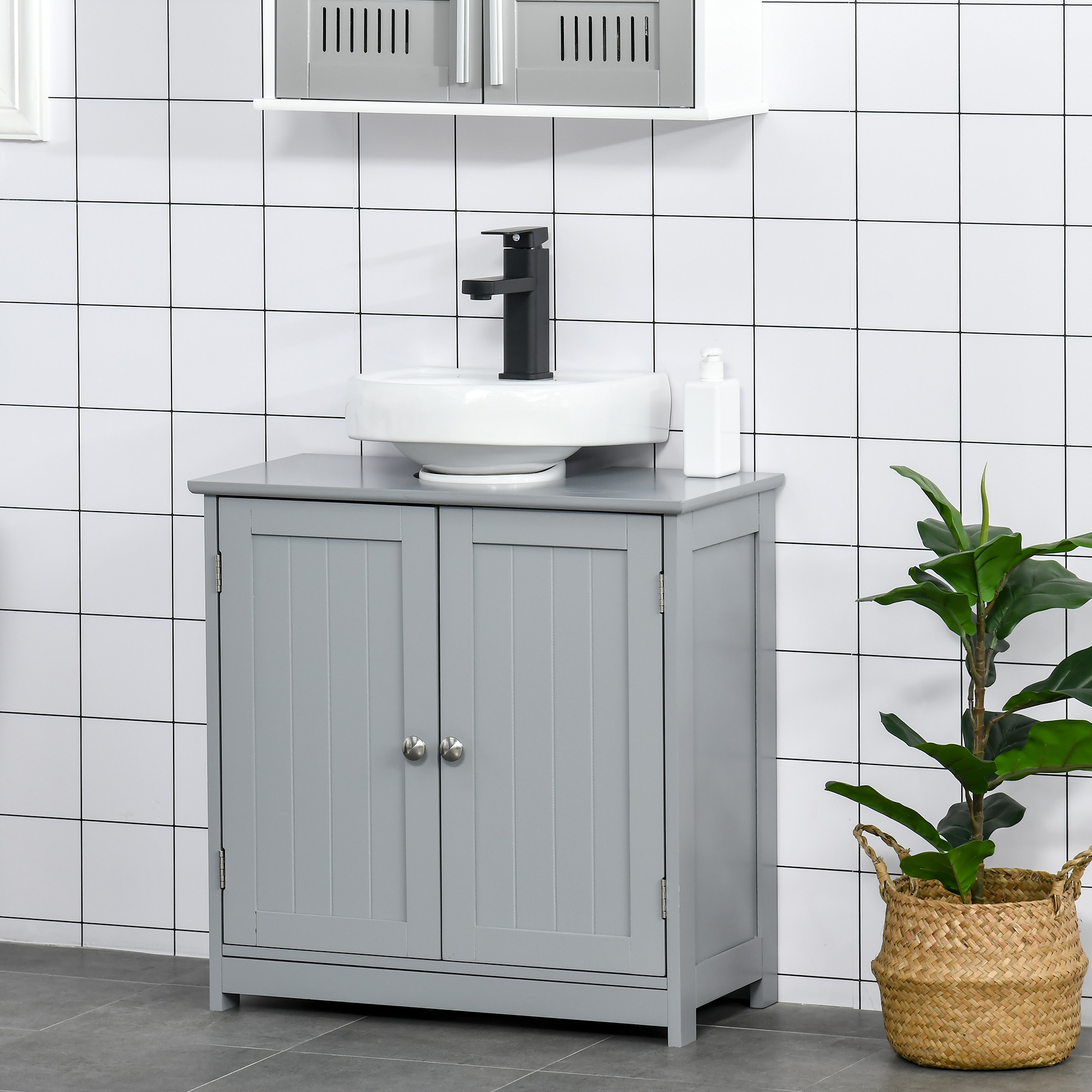 Gabinete para lavabo con recorte en U y estante interno ajustable, gris