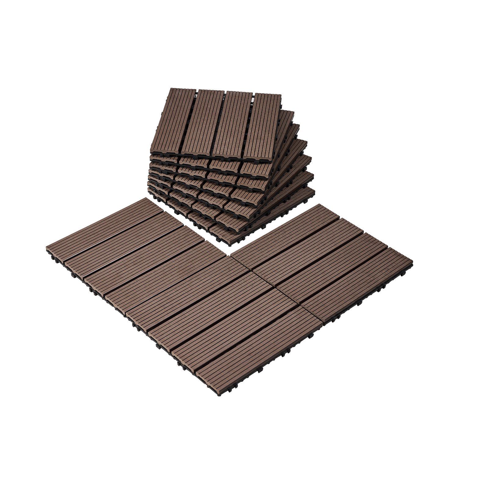 Losetas de terraza de plástico y madera, 27 piezas, 12x12 pulgadas, impermeables, marrón oscuro