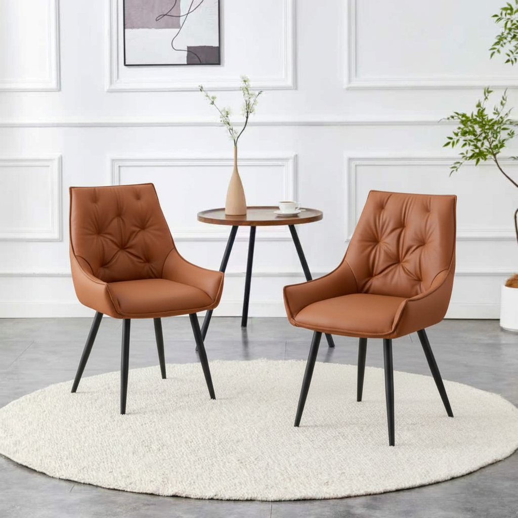 Dining Chairs Set Of 2, Camel Faux Leather Dining Room Chair, Metal Kitchen Chairs With Gold Mesh Texture And Black Sanded Legs, Flat Back Upholstered Chair  Camel, Set Of 2