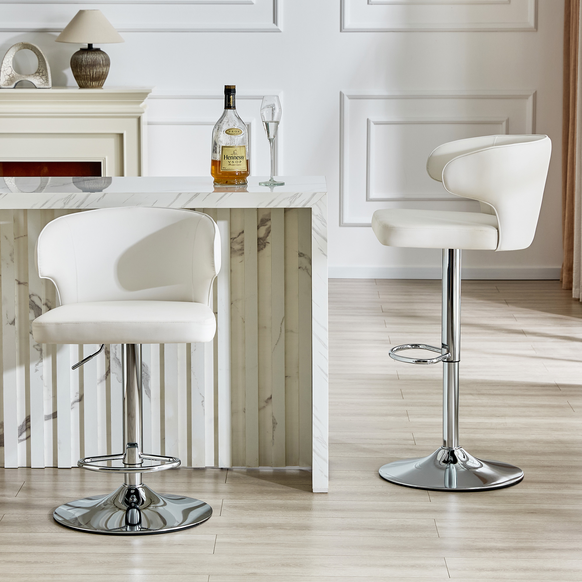 Modern Rotating Adjustable Bar Chair, PU Leather Belt Backrest Swivel Chair, Suitable For Kitchen Bar Counter And Dining Room, Adjustable Height, Capable Of Bearing 300 Pounds  White -2 Pieces