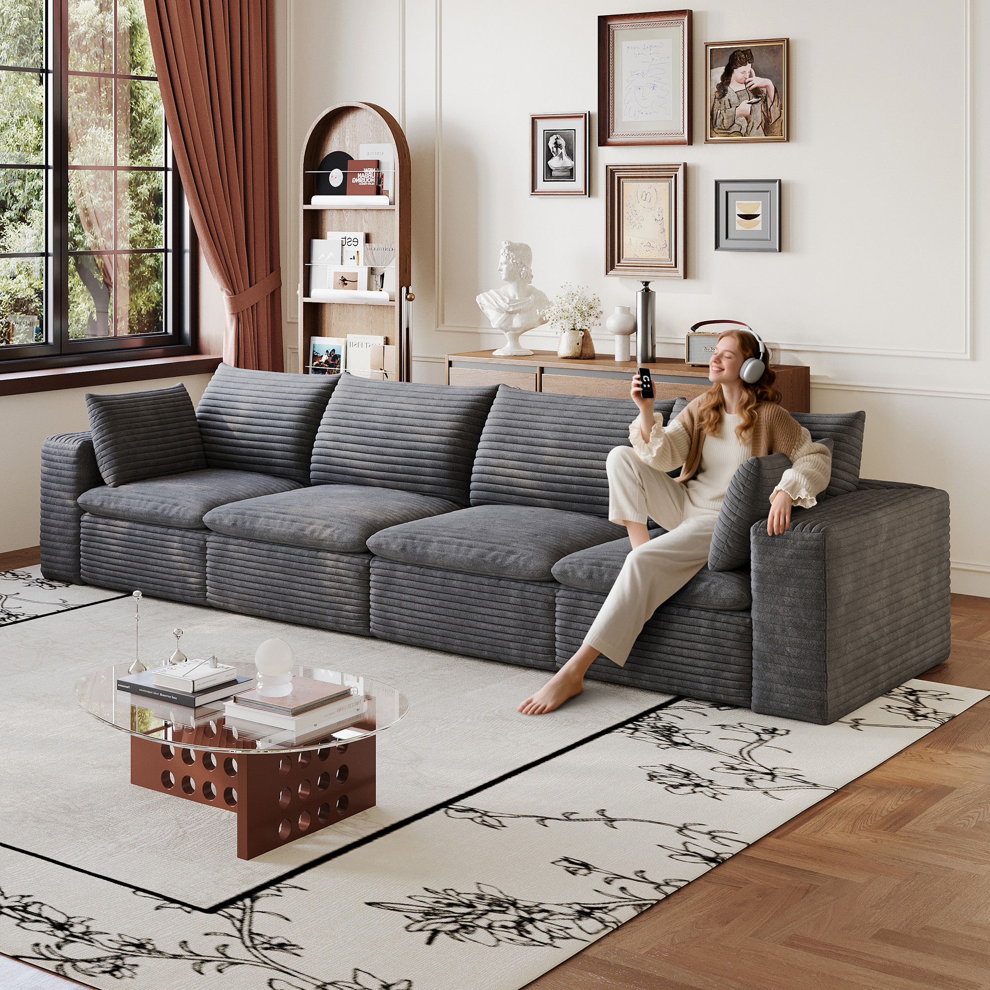 134  Cloud Sofa,Corduroy Fabric,Deep Seat Couches,Double-layer Design,Removable  Cushion,No Assembly, DIY Combination For Living Room, Bedroom,Conference Room ,Apartment,Dark Grey