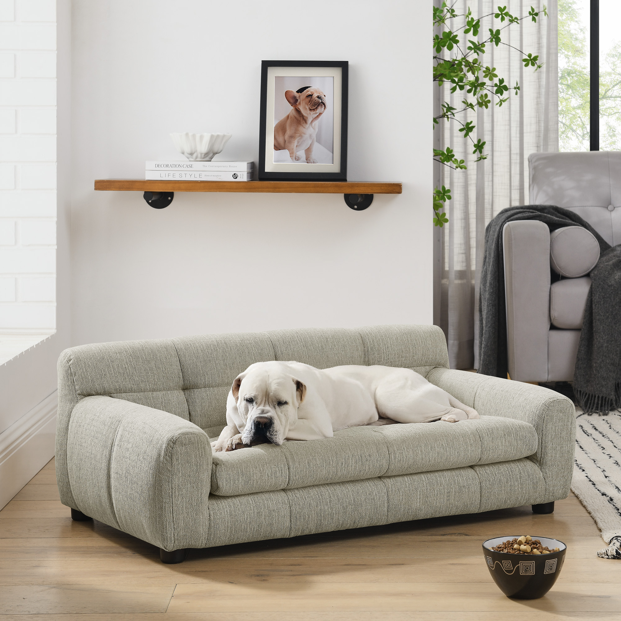 Sofá para mascotas suave y cómodo, con respaldo y reposabrazos, beige
