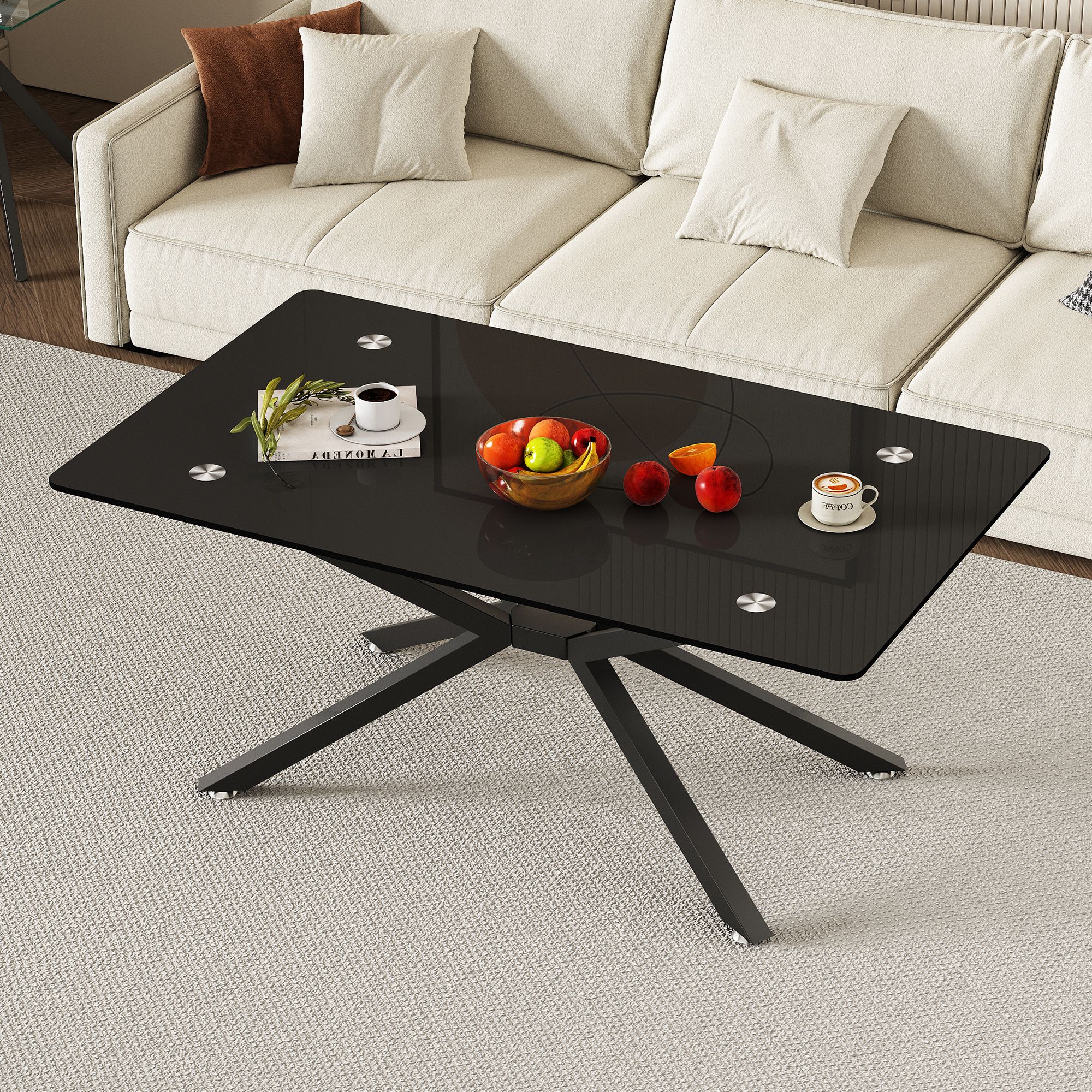 39.37  Rectangle Black Glass Coffee Table,Stylish Design With  Black Metal Legs, Coffee Table For Living Room