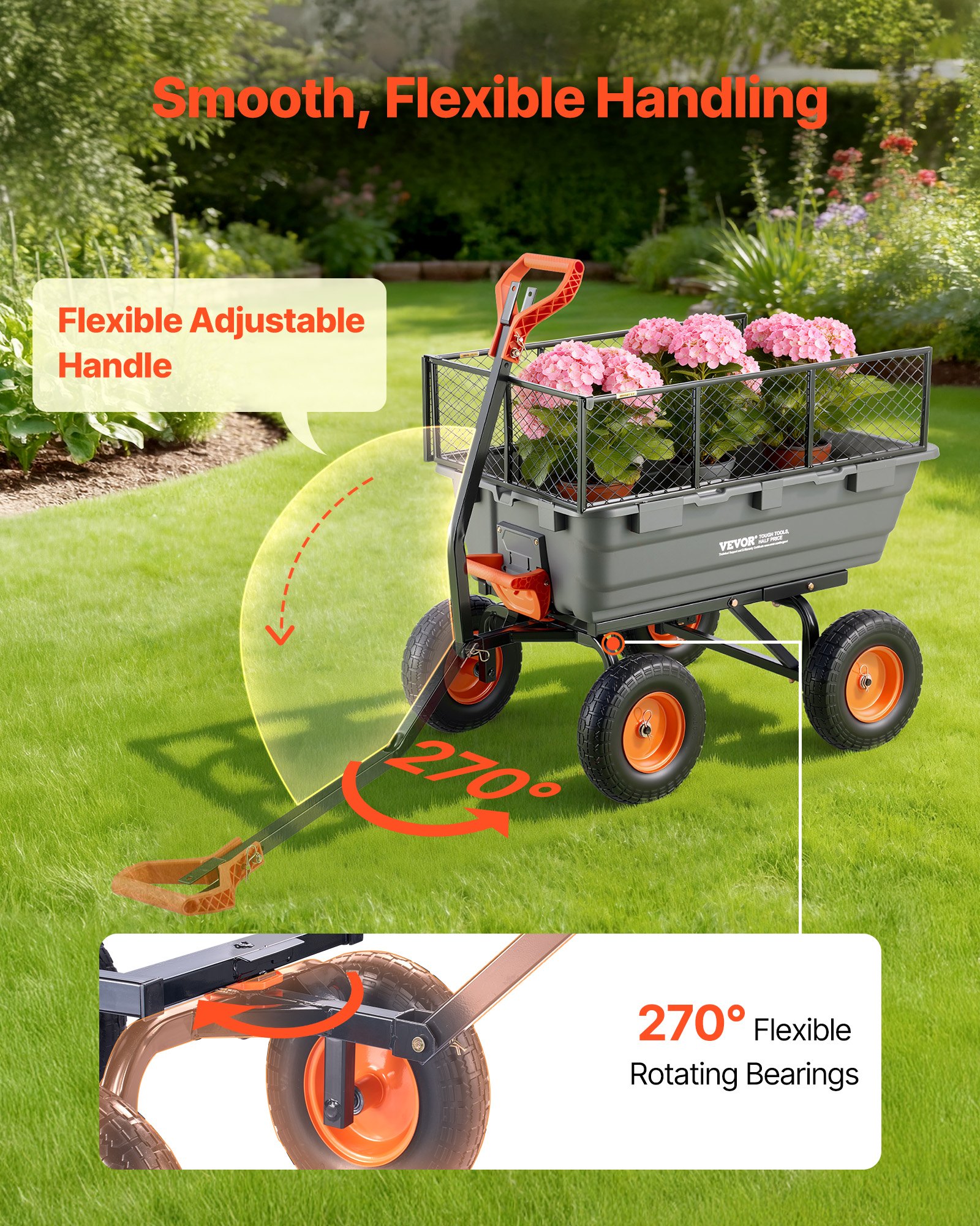 Garden Dump Cart, 1200 Lbs Poly Dump Cart, Garden Carts Dumps Wagon With Storage Fence, 2-in-1 Convertible Handle, 90° Quick-Dumps Mechanism, 180° Swivel Wheels, Yard Wagon For Plants, Soil