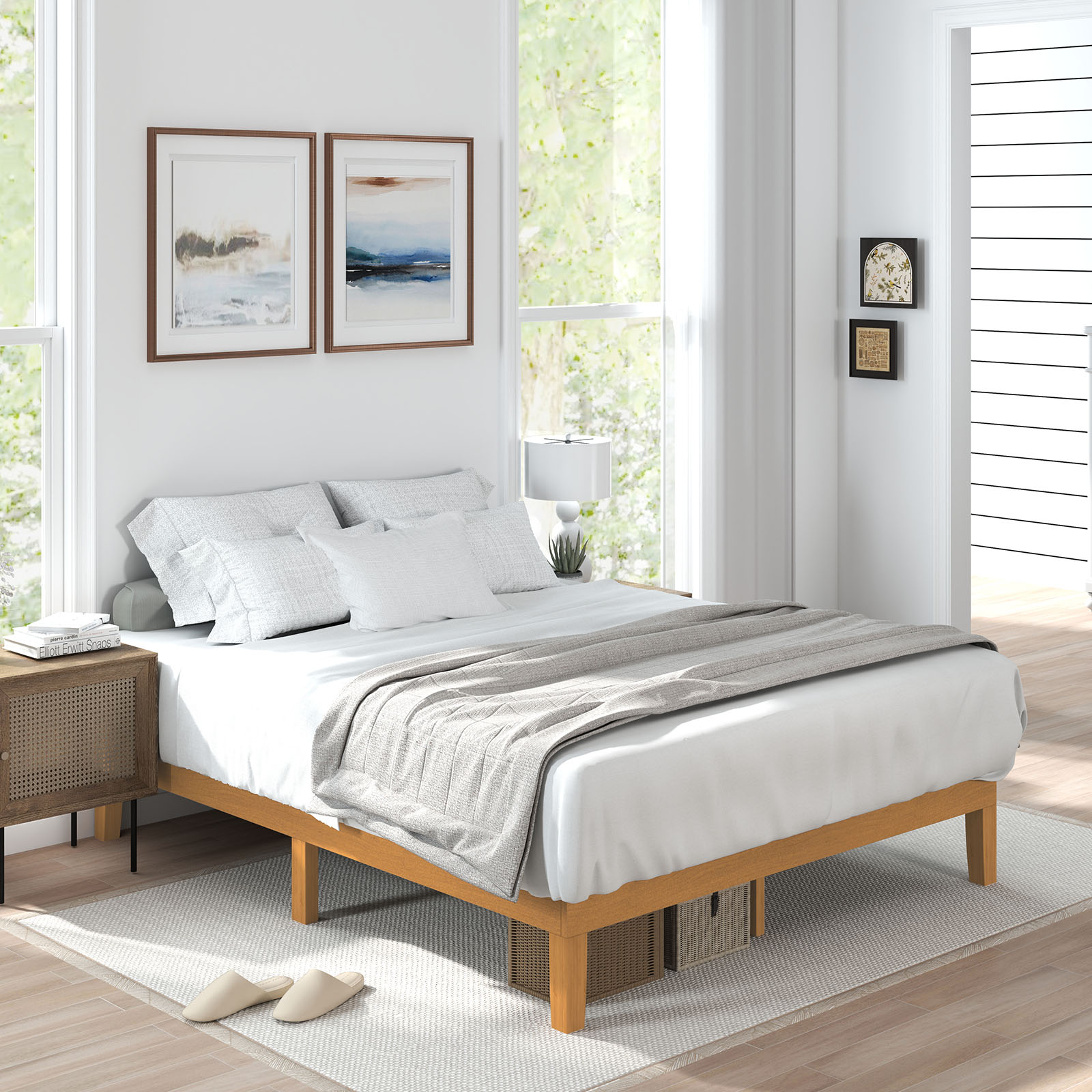 Base de cama de plataforma de madera, con travesaños de soporte de pino natural