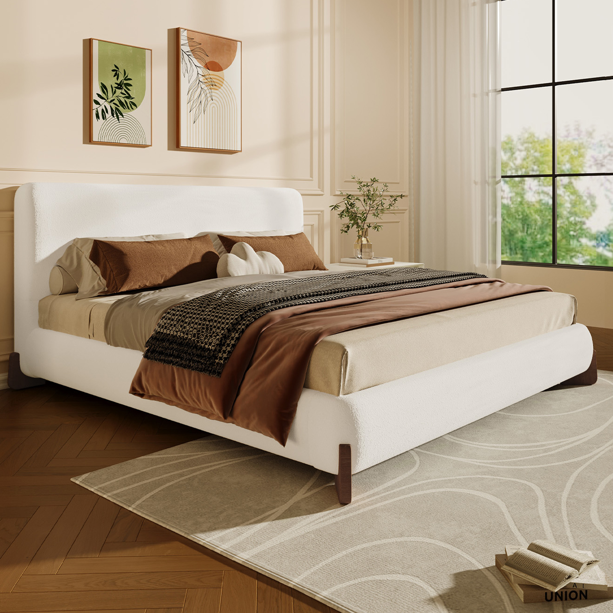 Cama tapizada de felpa tamaño Queen, patas de madera maciza marrón oscuro, blanca