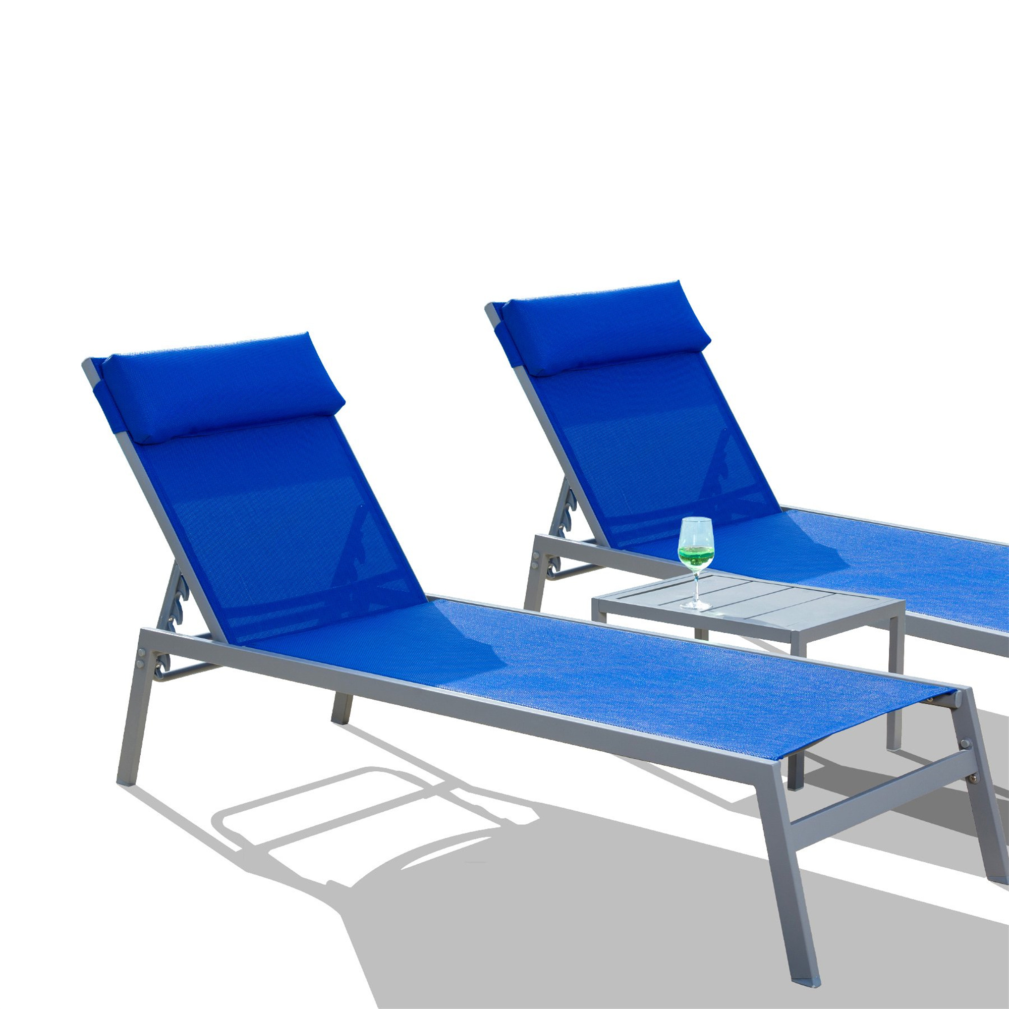 Patio Chaise Lounge Set, 3 Pieces Adjustable Backrest Pool Lounge Chairs Steel Textilene Sunbathing Recliner With Headrest  Blue.2 Lounge Chairs 1 Table