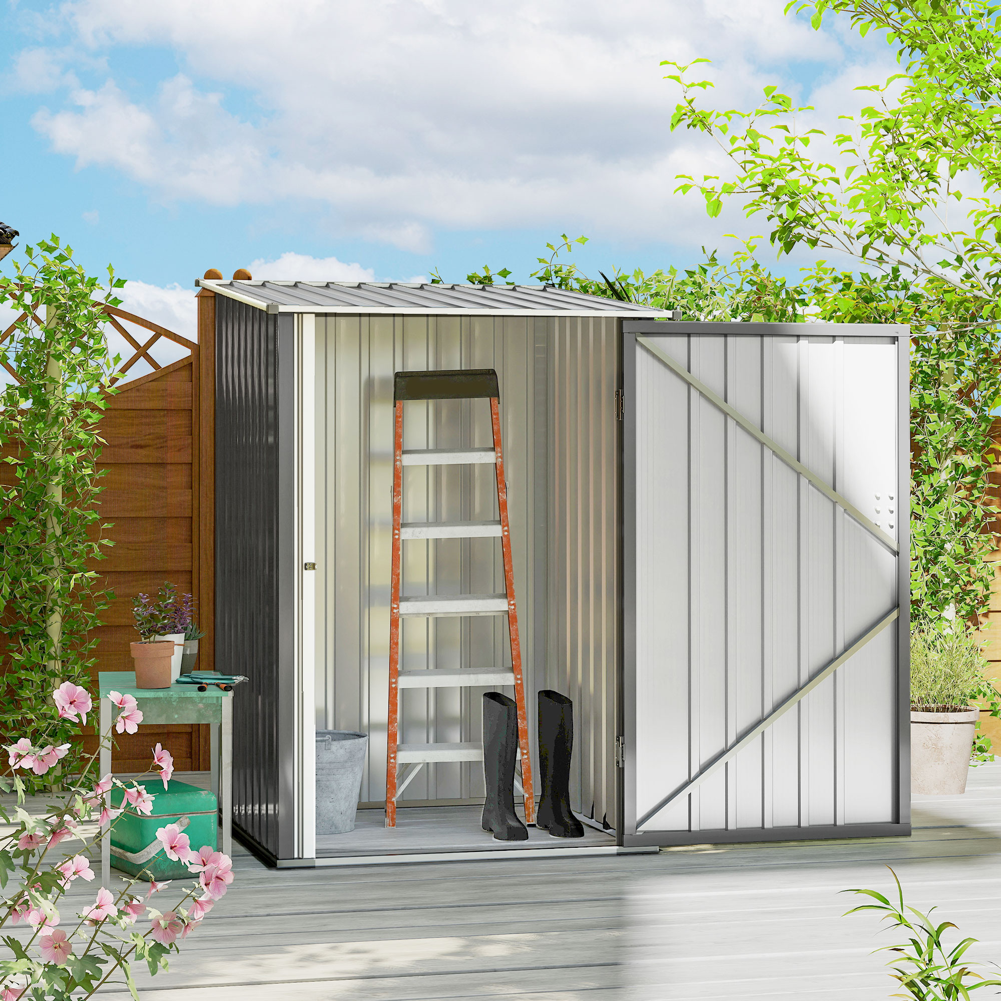 Outdoor 3.3 x 3.4 Lean-to Garden Storage Shed, Galvanized Steel Tool House with Lockable Door for Patio, Gray