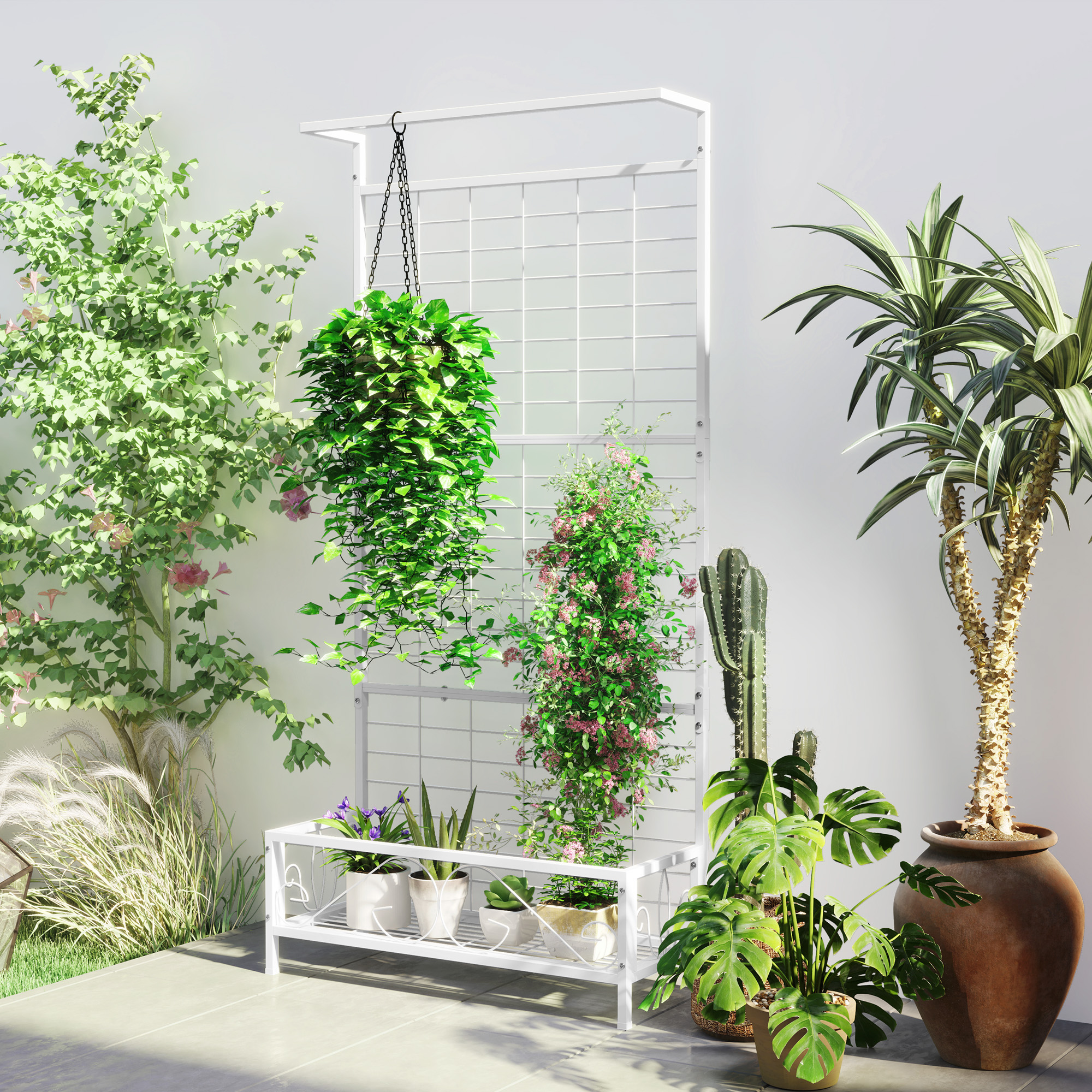 Soporte alto de metal para plantas con enrejado, 35 x 12.8 x 74 pulgadas, blanco