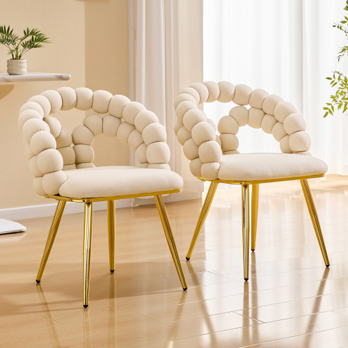 Modern Velvet Dining Chair With Bubble Back, Accent Chair With Gold Metal Legs, Upholstered Vanity Chair For Dining Room, Living Room, Bedroom, Beige Set Of 2