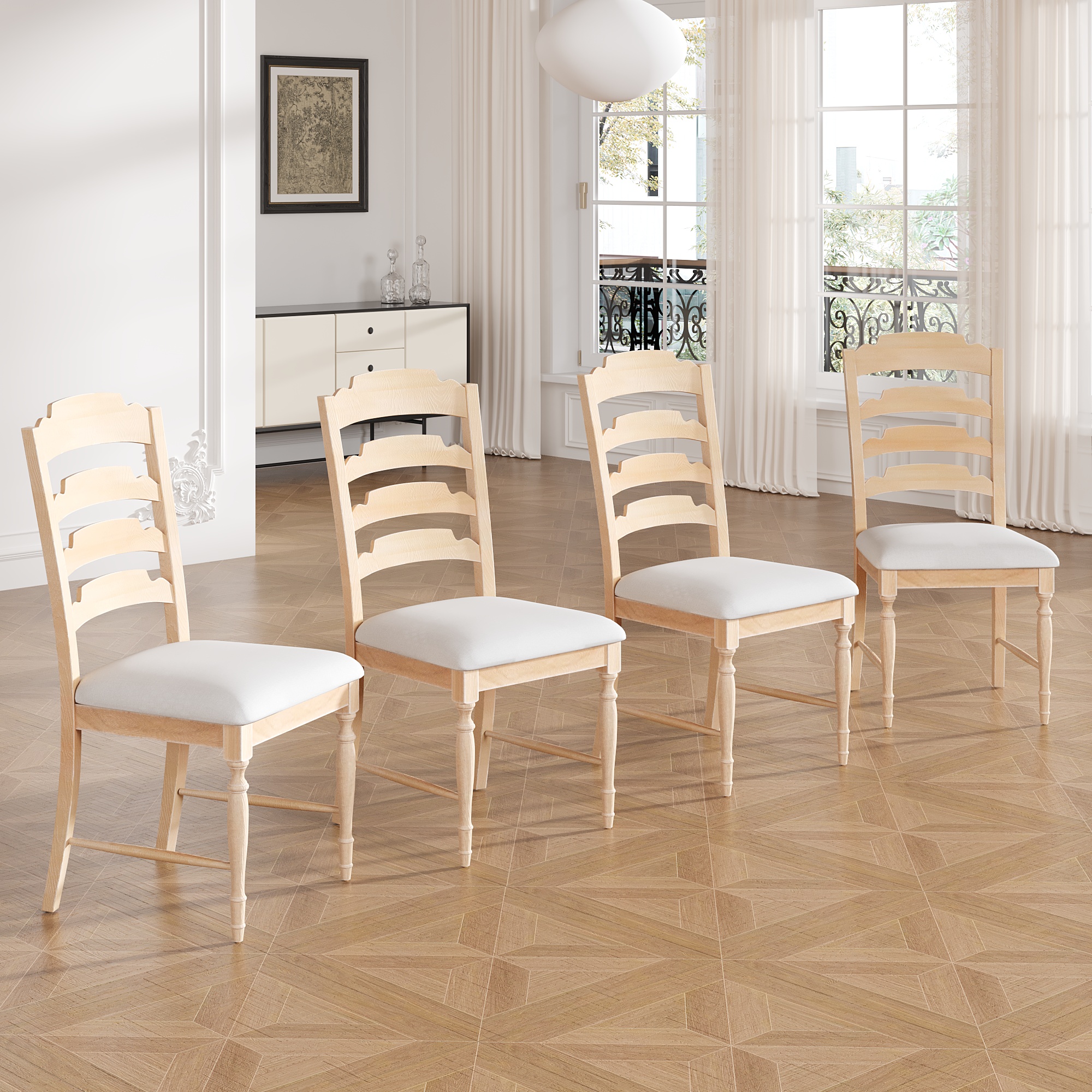 TOPMAX Vintage Traditional 4-Piece Upholstered Dining Chairs, Serrated Dining Backs, Natural